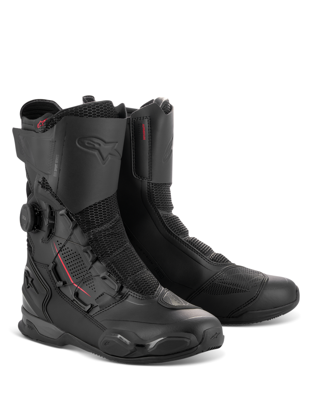 Botas Alpinestars SP-X BOA®, botas de motociclismo desportivas de altura média em preto, com disco do sistema de ajuste BOA lateral, painéis de malha Rideknit e reforços de proteção em TPU para condução em estrada