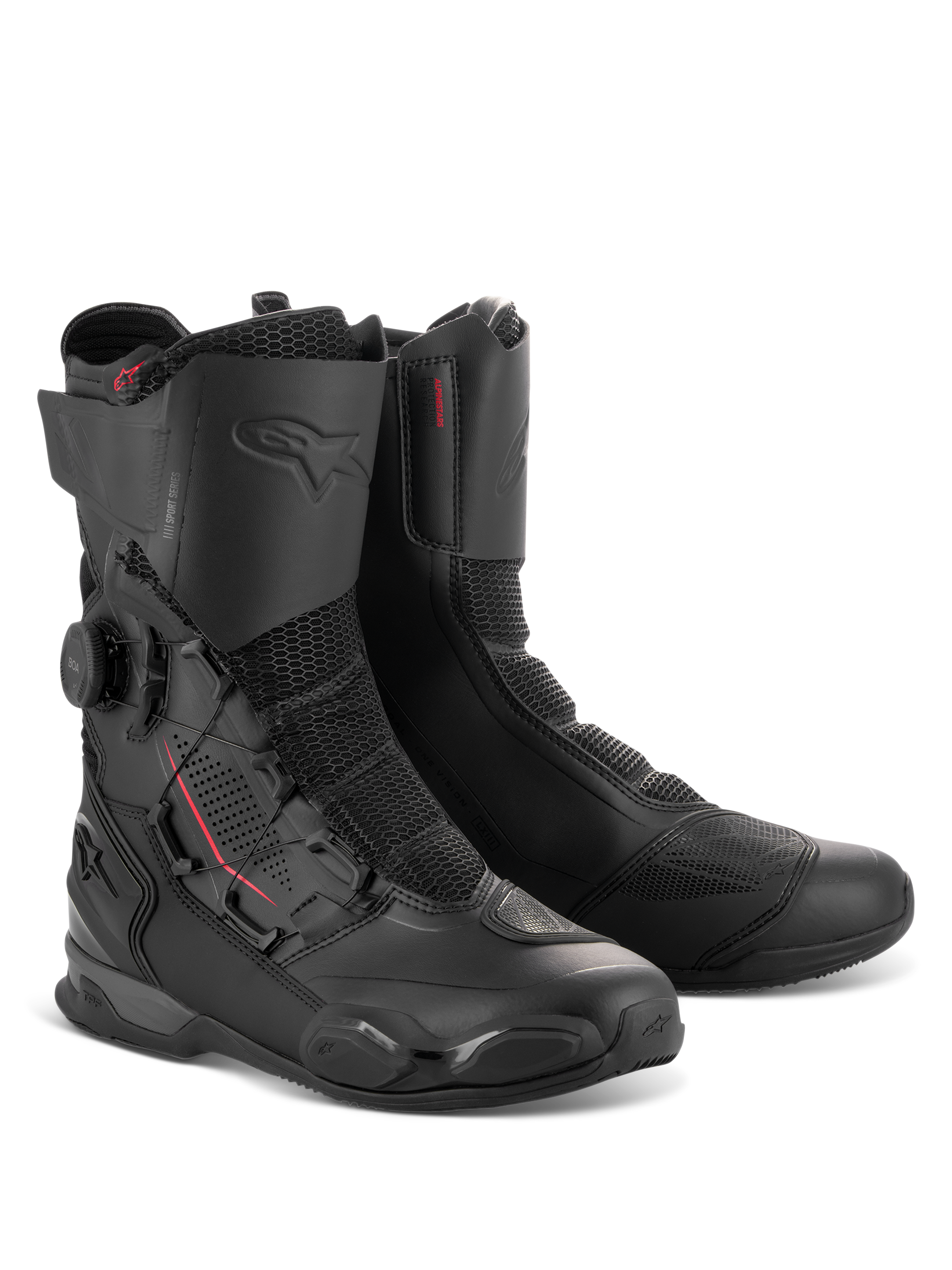Botas Alpinestars SP-X BOA®, botas de motociclismo desportivas de altura média em preto, com disco do sistema de ajuste BOA lateral, painéis de malha Rideknit e reforços de proteção em TPU para condução em estrada