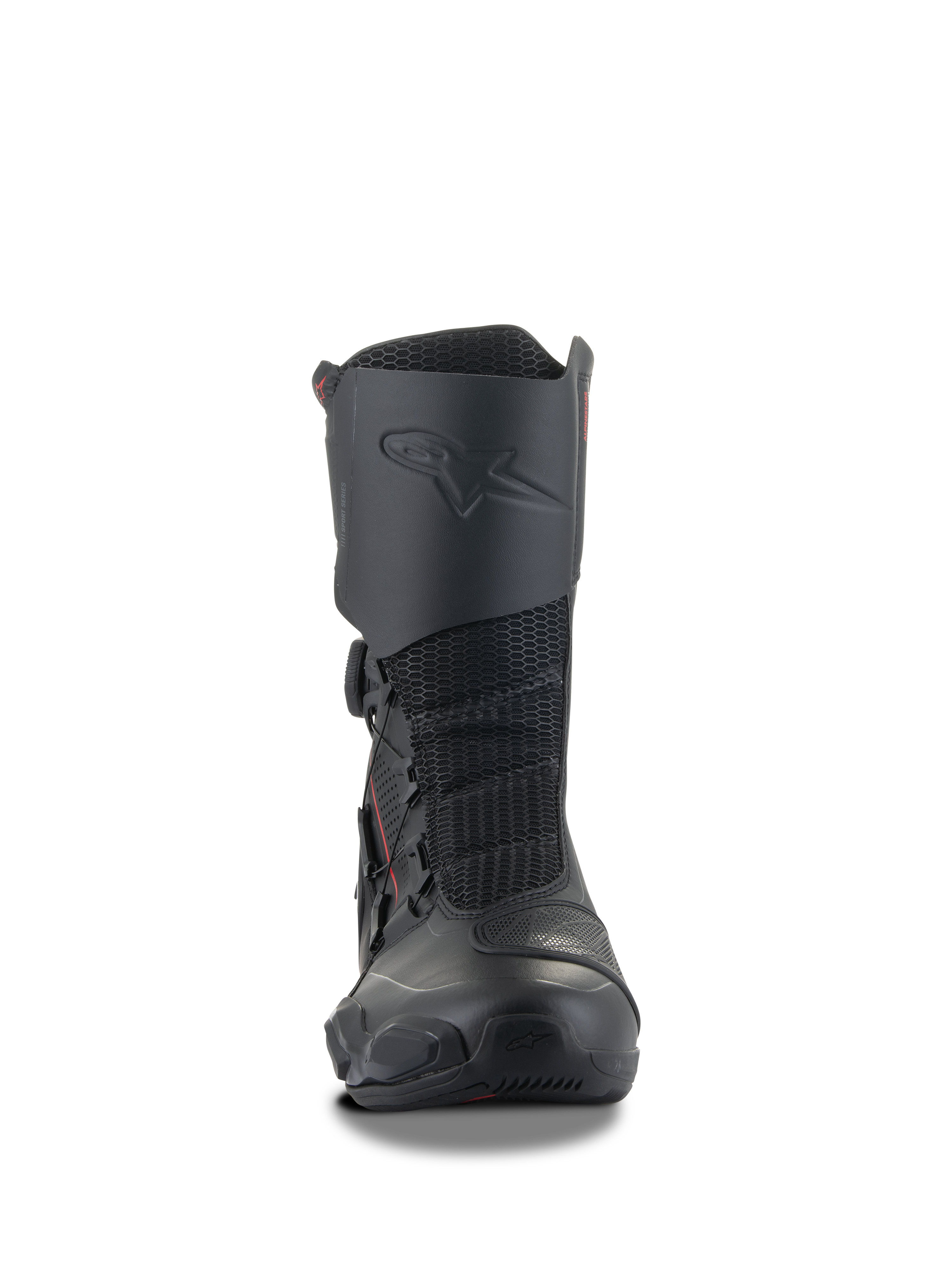 Botas Alpinestars SP-X BOA®, botas de motociclismo desportivas pretas, design de altura média com protetor de canela integrado, painéis flexíveis em malha e sistema de fecho lateral BOA®, perfil ergonómico elegante para sport touring