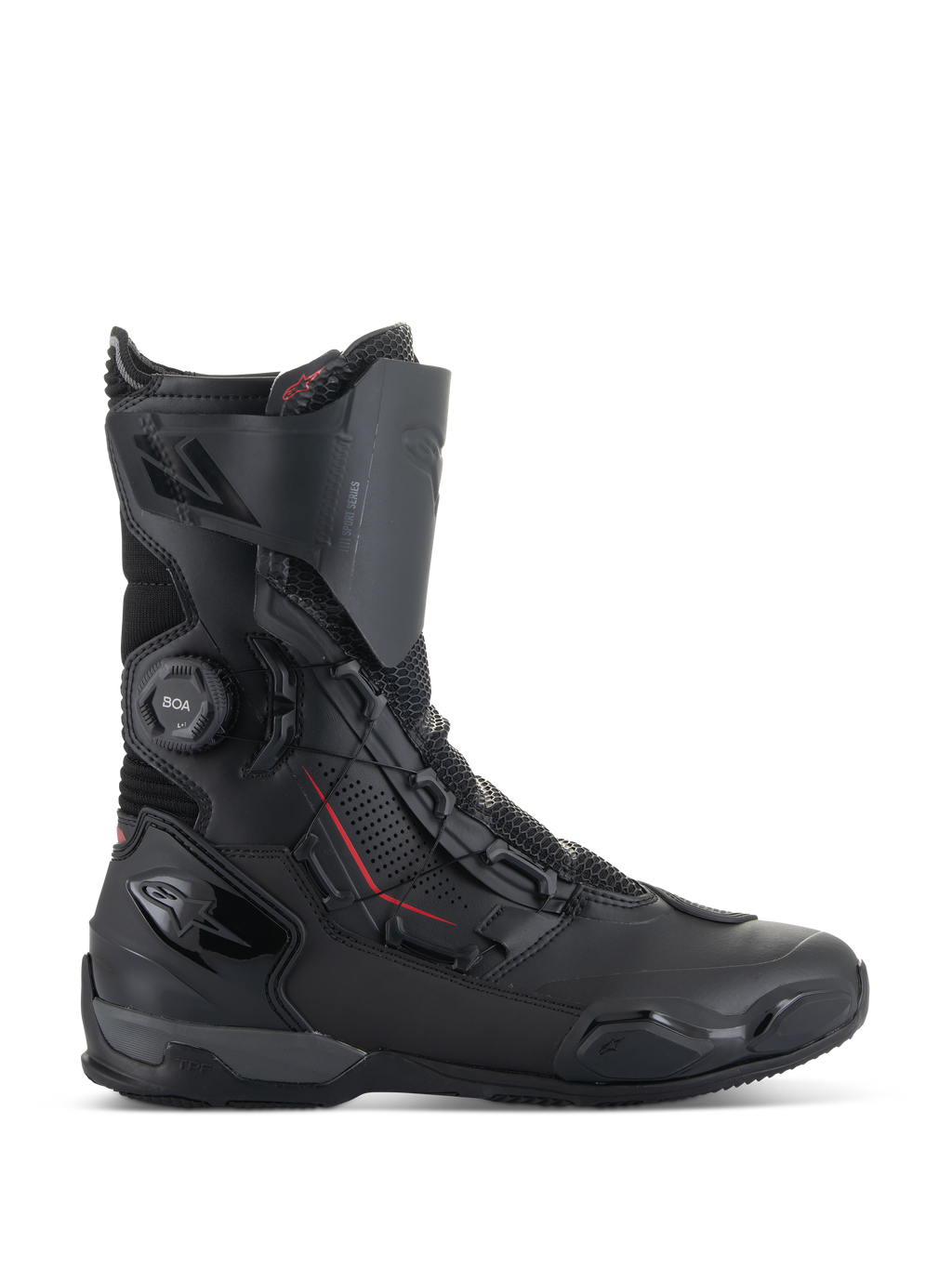 Botas Alpinestars SP-X BOA®, botas desportivas de motociclismo, pretas com pormenores vermelhos, sistema de fecho BOA®, construção de altura média com painéis de microfibra e malha, proteção de calcanhar e biqueira em TPU, design elegante para estrada