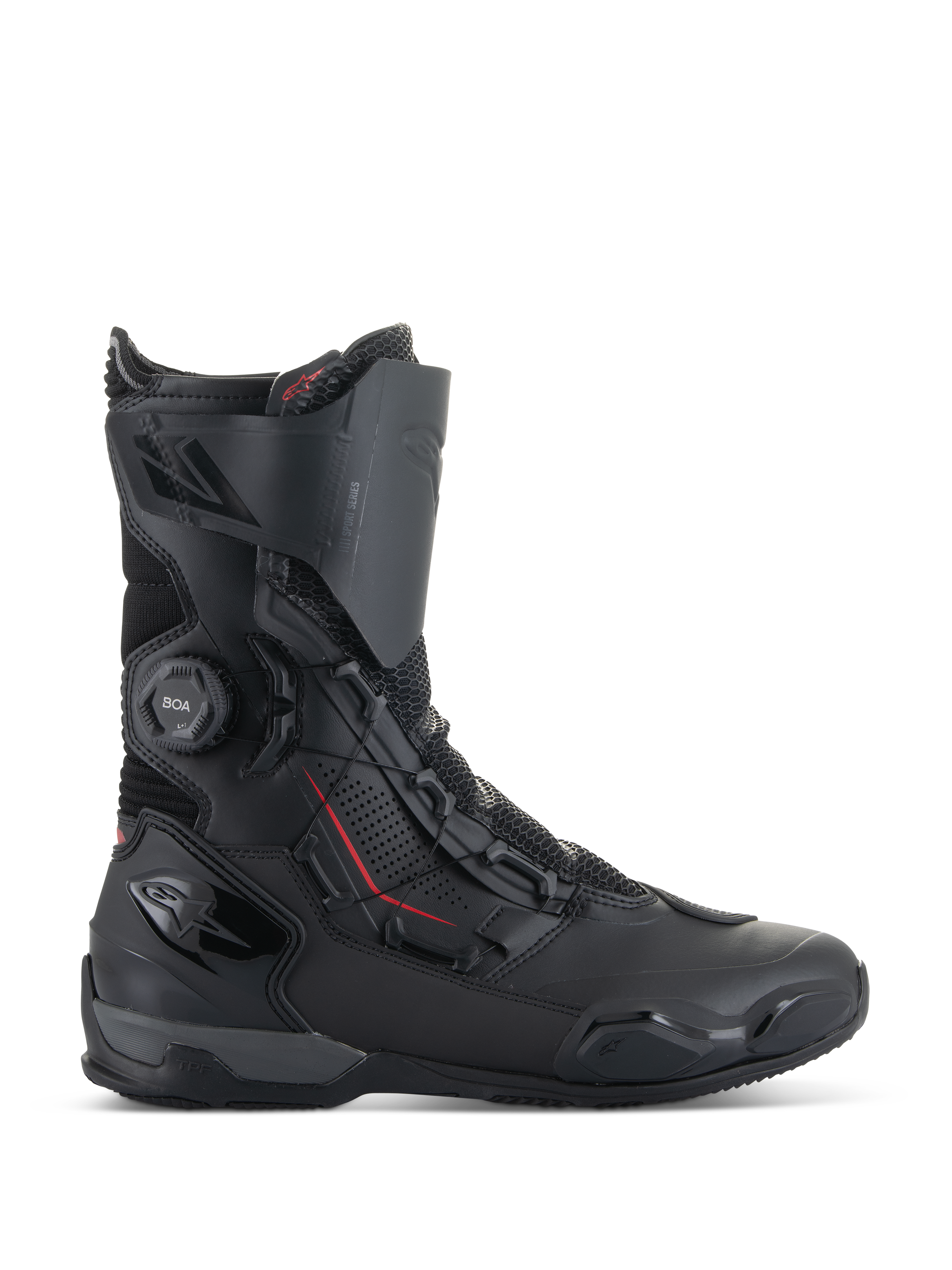 Botas Alpinestars SP-X BOA®, botas desportivas de motociclismo, pretas com pormenores vermelhos, sistema de fecho BOA®, construção de altura média com painéis de microfibra e malha, proteção de calcanhar e biqueira em TPU, design elegante para estrada