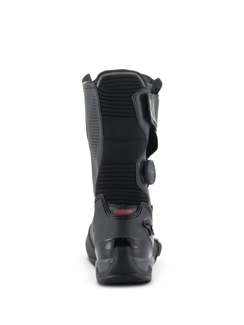 Botas Alpinestars SP-X BOA, botas de motociclismo desportivas de altura média, pretas, vista traseira destacando o painel flexível em acordeão canelado, o contraforte de calcanhar em TPU reforçado e o disco lateral do Sistema de Ajuste BOA
