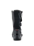 Botas Alpinestars SP-X BOA, botas de motociclismo desportivas de altura média, pretas, vista traseira destacando o painel flexível em acordeão canelado, o contraforte de calcanhar em TPU reforçado e o disco lateral do Sistema de Ajuste BOA