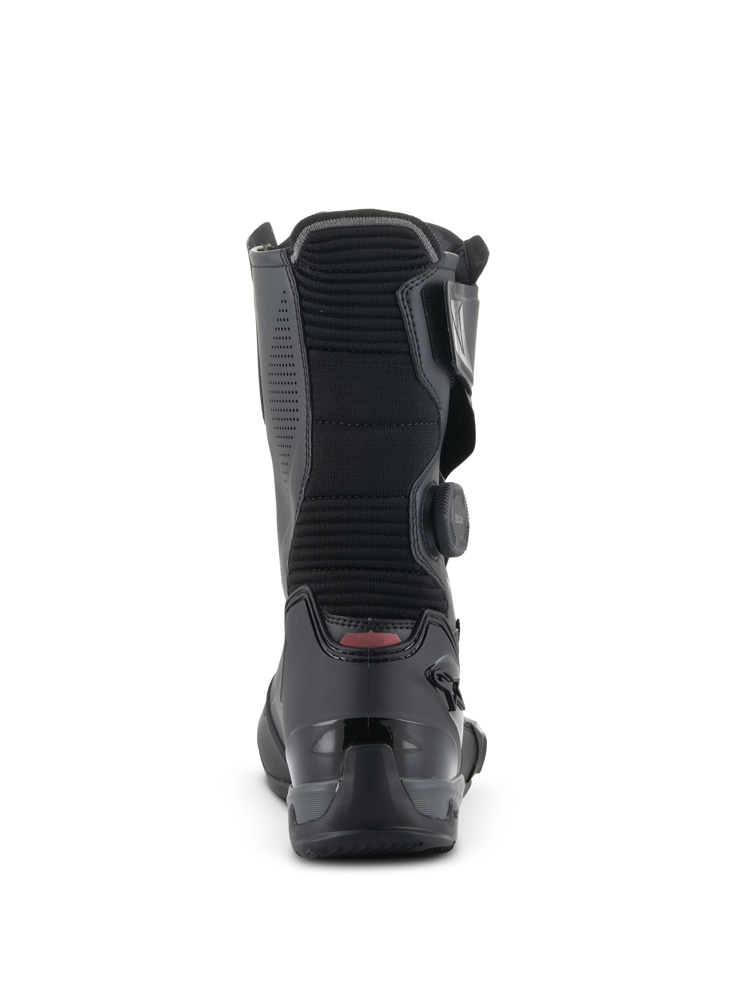Botas Alpinestars SP-X BOA, botas de motociclismo desportivas de altura média, pretas, vista traseira destacando o painel flexível em acordeão canelado, o contraforte de calcanhar em TPU reforçado e o disco lateral do Sistema de Ajuste BOA