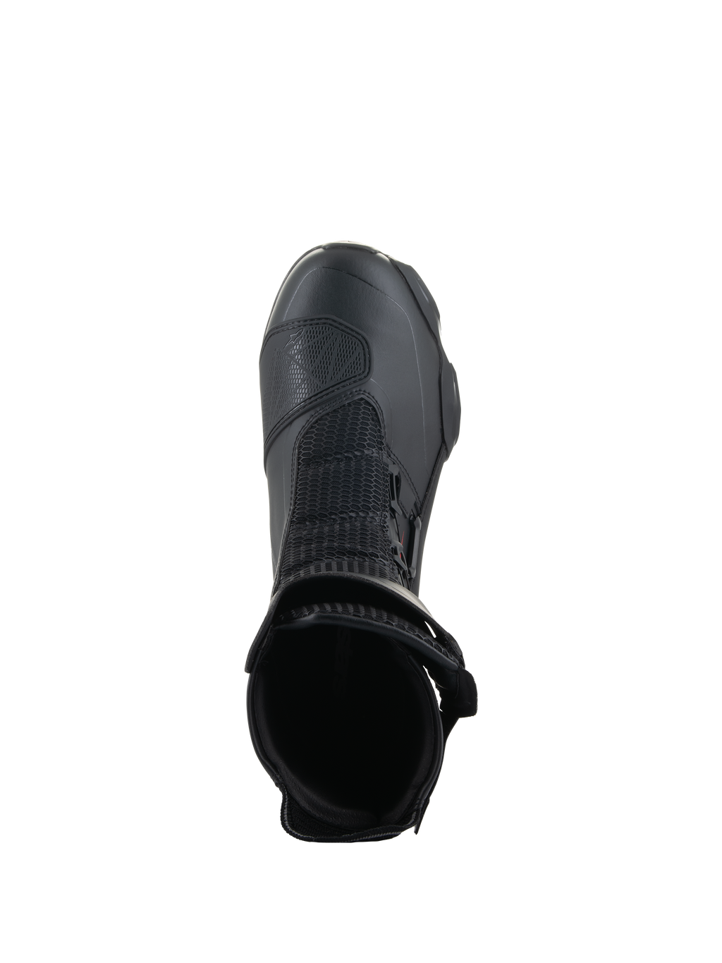 Botas Alpinestars SP-X BOA®, pretas, vista superior para o interior da abertura do tornozelo, com malha Rideknit® e sistema de ajuste BOA® lateral, bota de motociclismo desportiva elegante de altura média