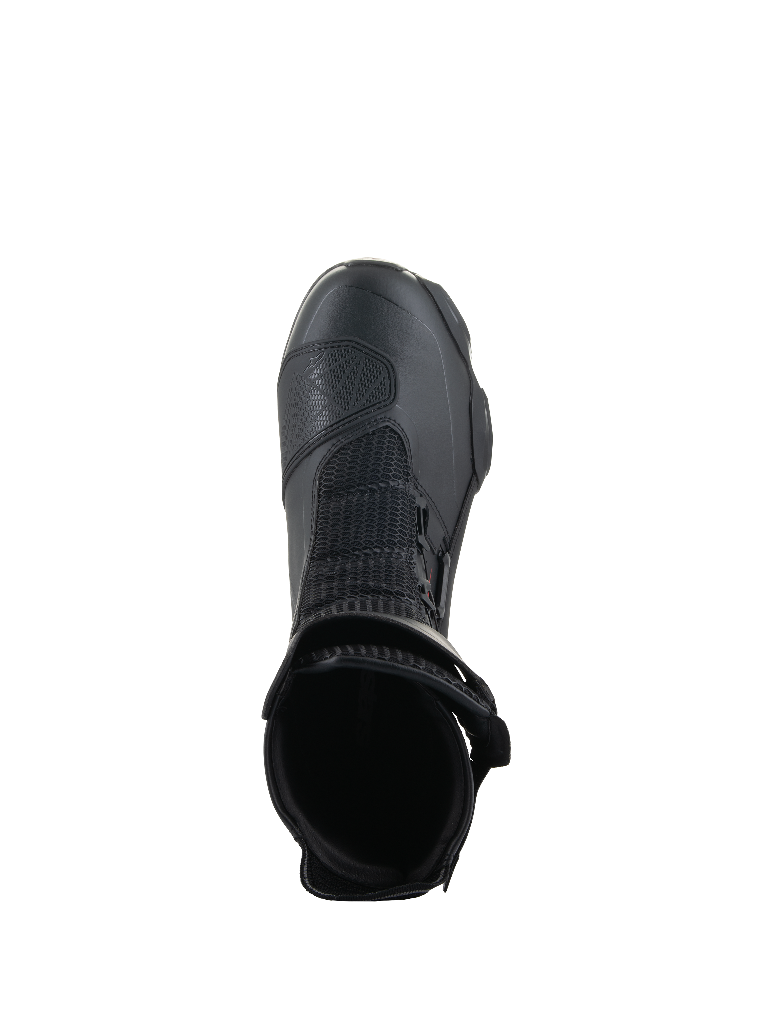 Botas Alpinestars SP-X BOA®, pretas, vista superior para o interior da abertura do tornozelo, com malha Rideknit® e sistema de ajuste BOA® lateral, bota de motociclismo desportiva elegante de altura média