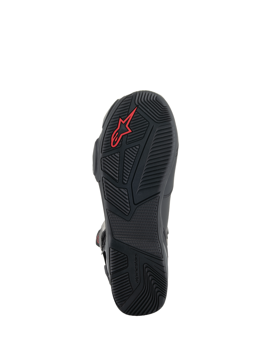 Alpinestars SP-X BOA® Boots, botas de motociclismo pretas, vista detalhada da sola de borracha com padrões de aderência texturizados, logótipo Alpinestars vermelho e design de calcanhar assimétrico para estabilidade ao caminhar.
