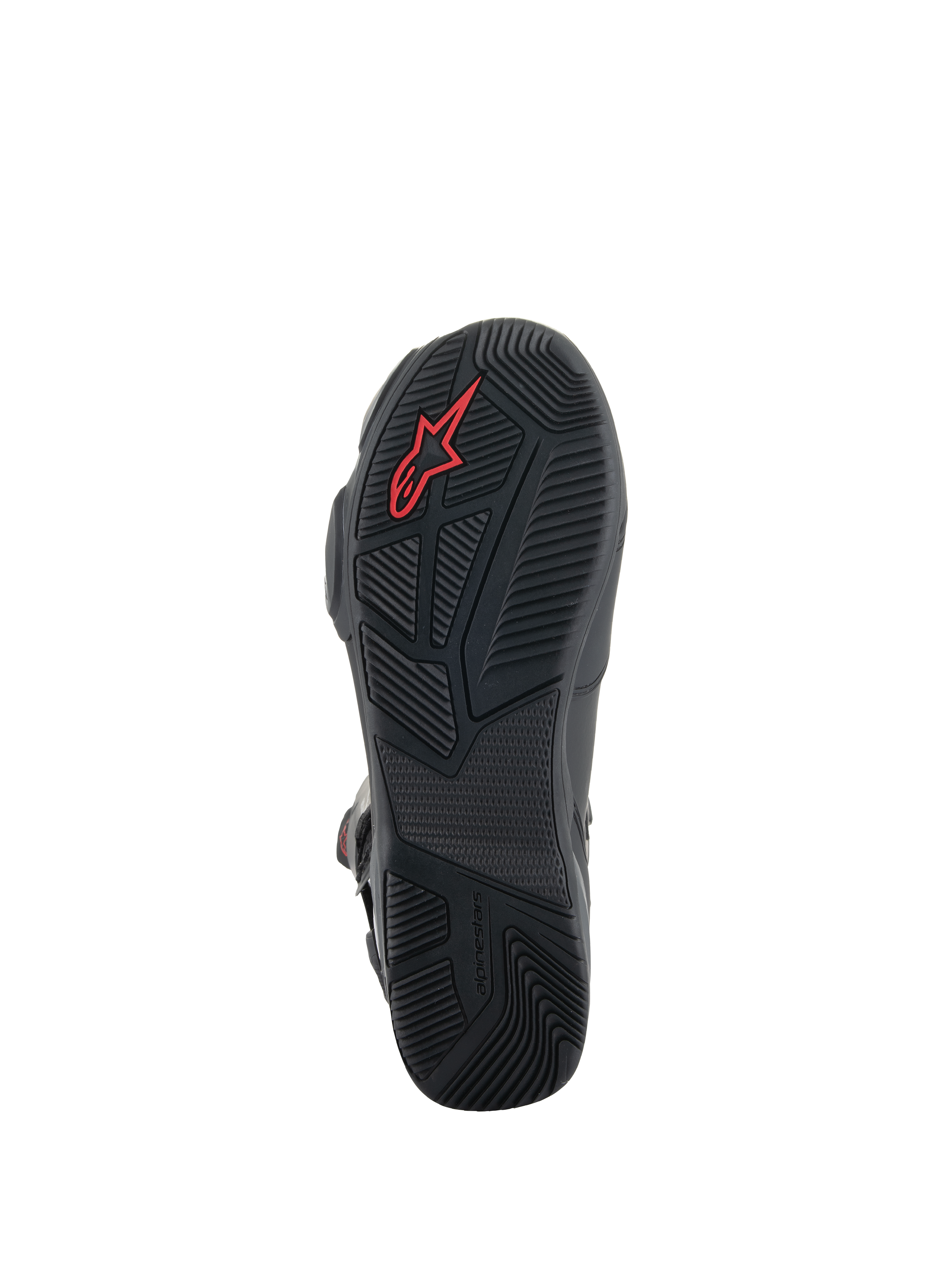 Alpinestars SP-X BOA® Boots, botas de motociclismo pretas, vista detalhada da sola de borracha com padrões de aderência texturizados, logótipo Alpinestars vermelho e design de calcanhar assimétrico para estabilidade ao caminhar.