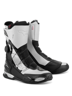 Alpinestars SP-X BOA Boots, mid-height motorcycle sport touring boots, Black and Silver, featuring the side BOA Fit System dial, Rideknit mesh panels, and TPU heel and toe protection, sleek athletic design with Alpinestars logos