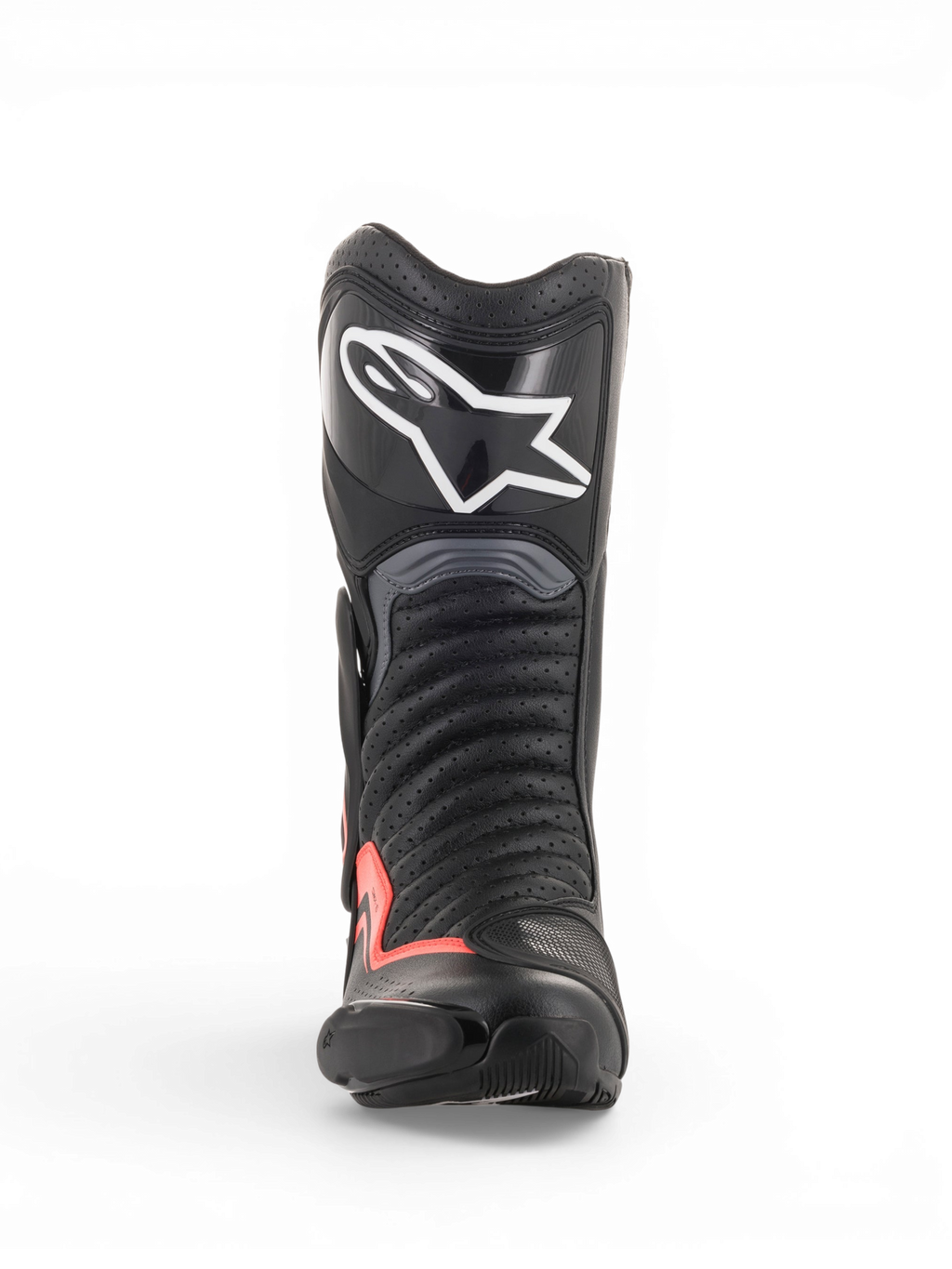 Alpinestars SMX-6 V2 Vented, botas de moto de corrida pretas e cinzentas com detalhes vermelhos fluorescentes, vista frontal com parte superior perfurada, proteção da canela e Toe Slider