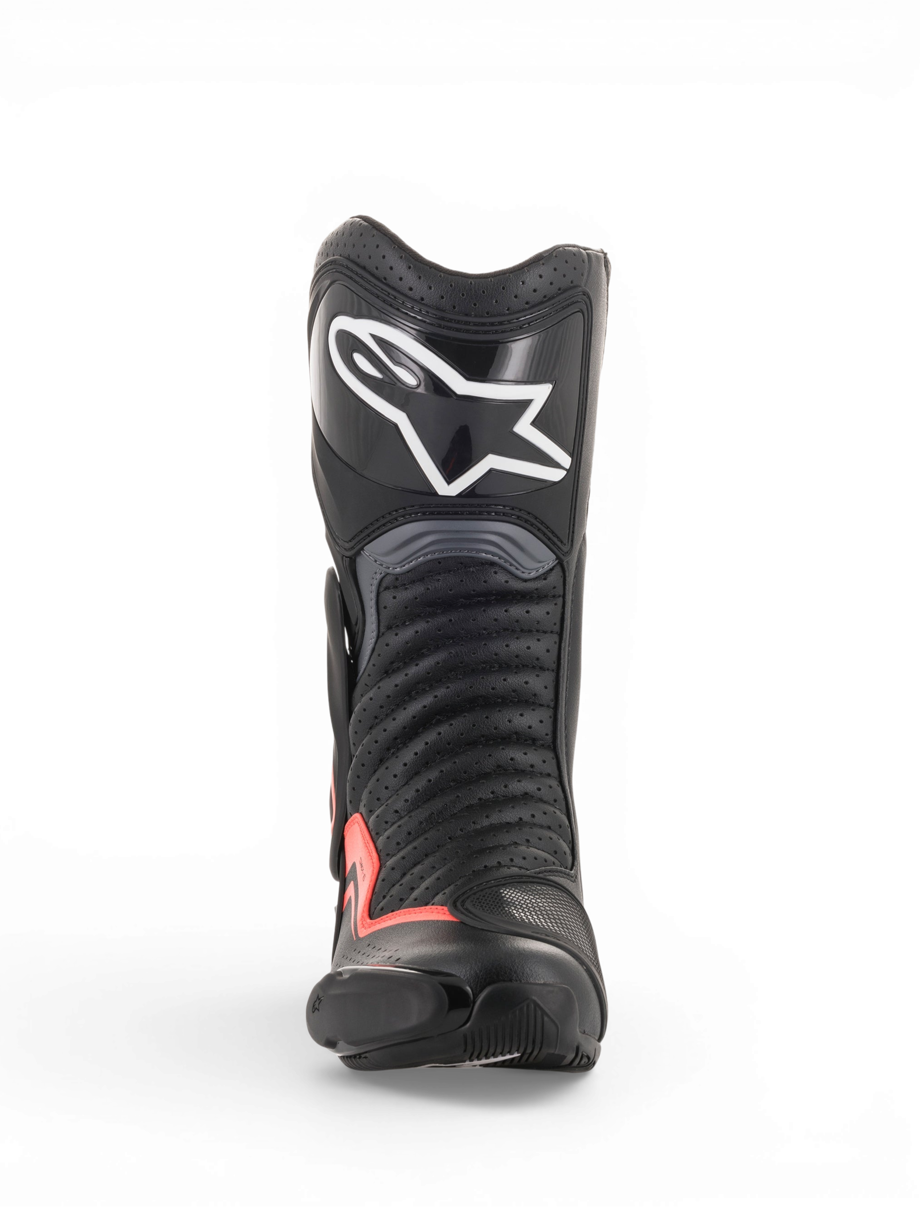 Alpinestars SMX-6 V2 Vented, botas de moto de corrida pretas e cinzentas com detalhes vermelhos fluorescentes, vista frontal com parte superior perfurada, proteção da canela e Toe Slider