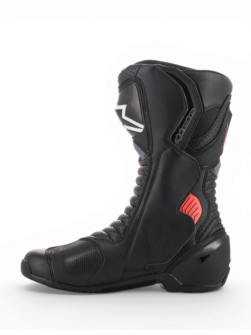 Alpinestars SMX-6 V2 Vented, botas de moto de corrida pretas com detalhes cinzentos e vermelhos fluorescentes, painéis de malha respirável e proteções do tornozelo e da canela