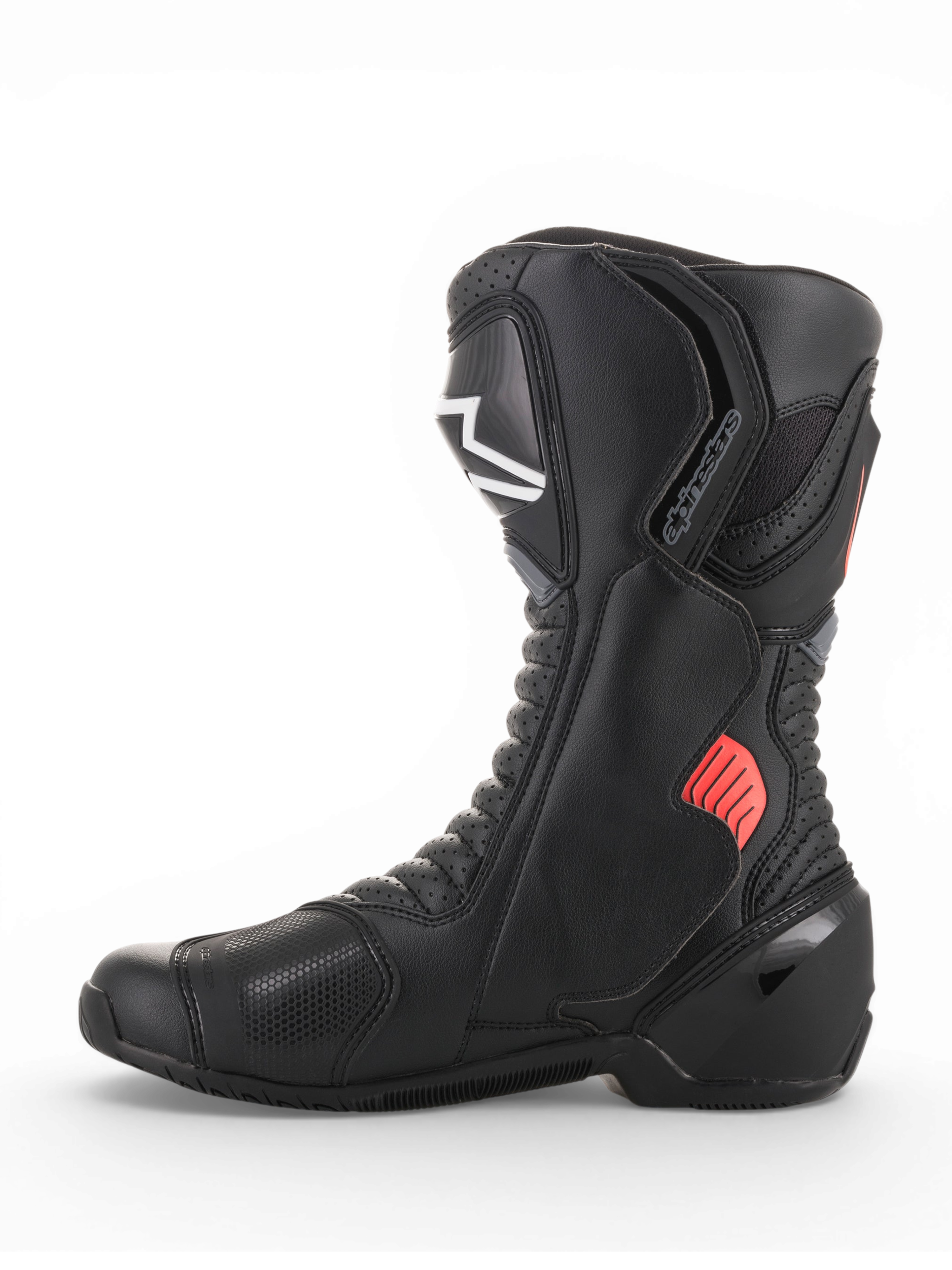 Alpinestars SMX-6 V2 Vented, botas de moto de corrida pretas com detalhes cinzentos e vermelhos fluorescentes, painéis de malha respirável e proteções do tornozelo e da canela
