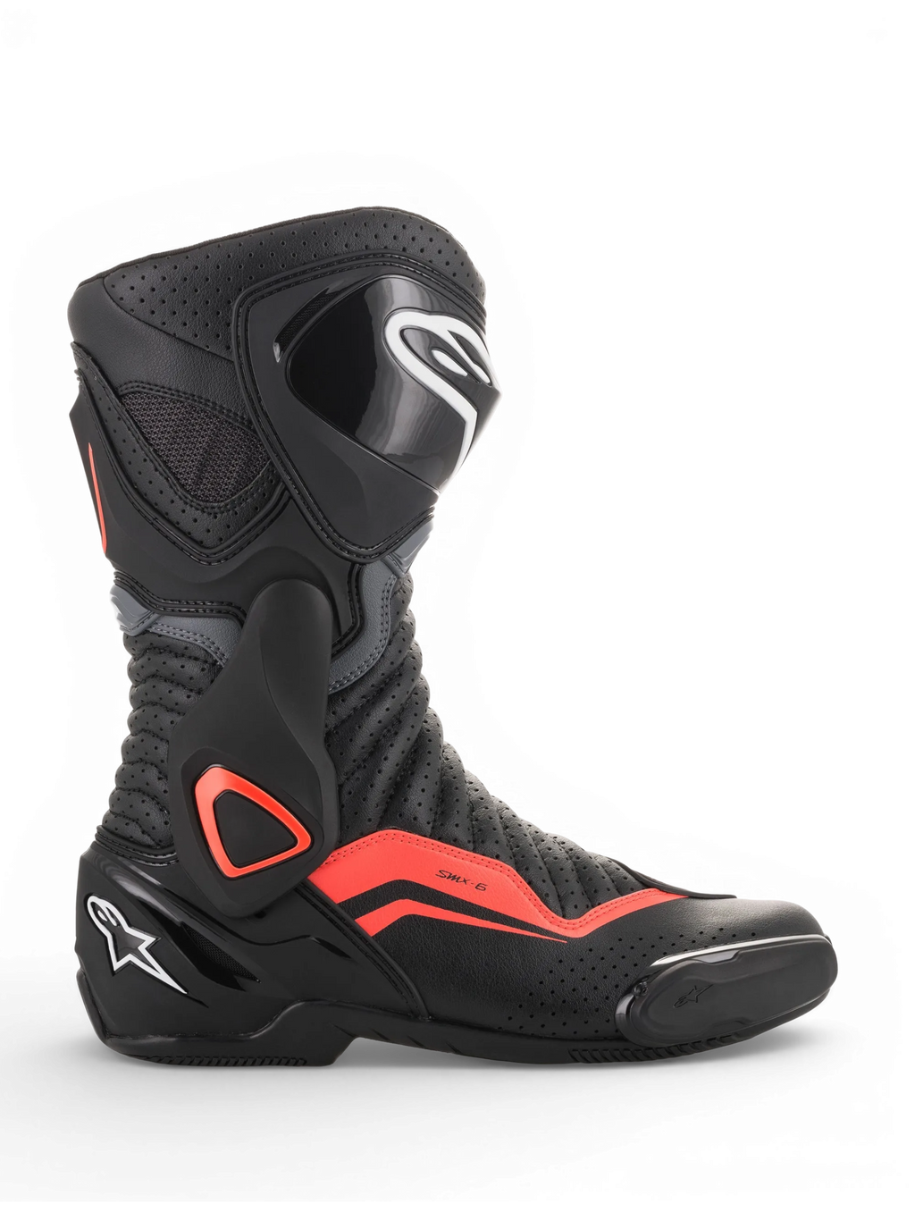 Alpinestars SMX-6 V2 Vented, bota de moto para corrida, preta e cinzenta com detalhes vermelhos fluorescentes, ventilação perfurada e proteção no tornozelo e na canela