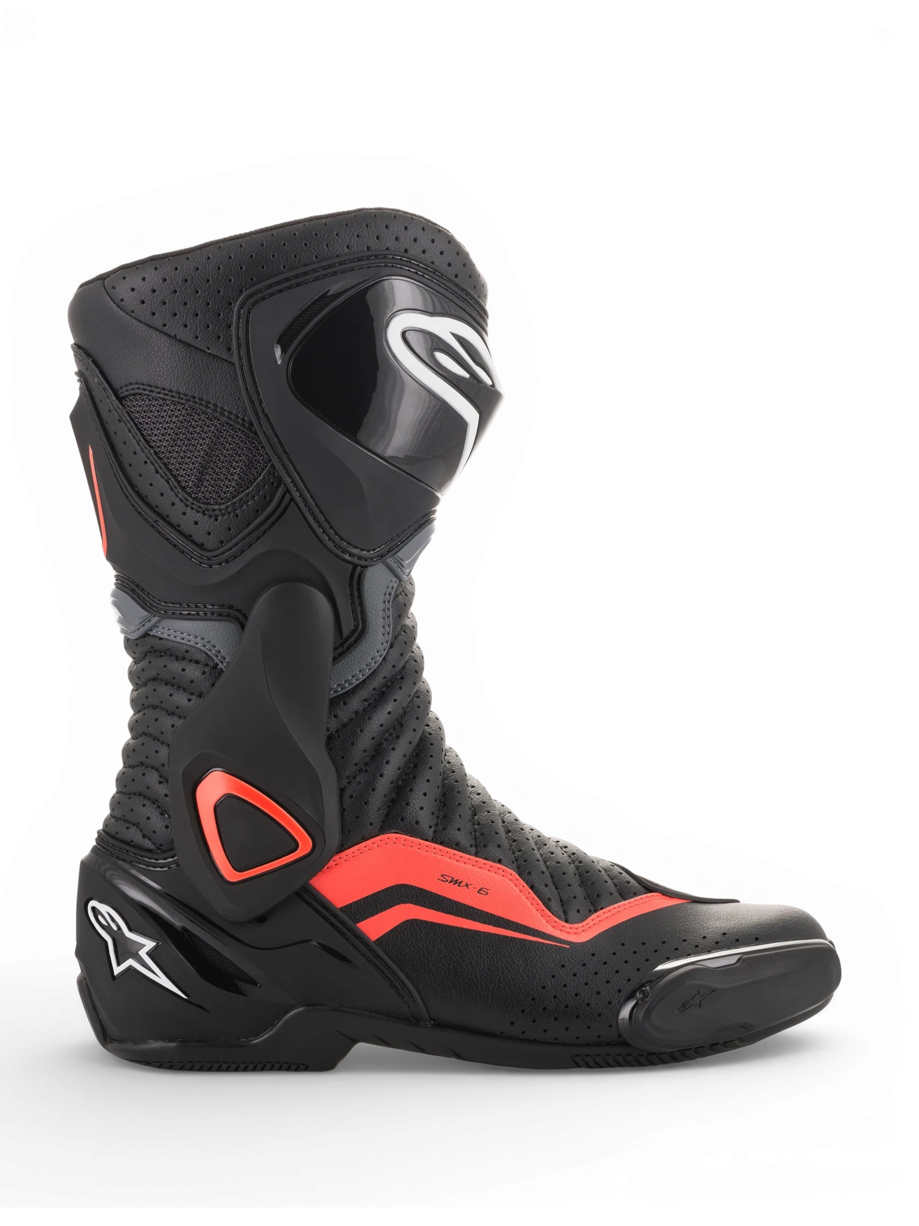 Alpinestars SMX-6 V2 Vented, bota de moto para corrida, preta e cinzenta com detalhes vermelhos fluorescentes, ventilação perfurada e proteção no tornozelo e na canela
