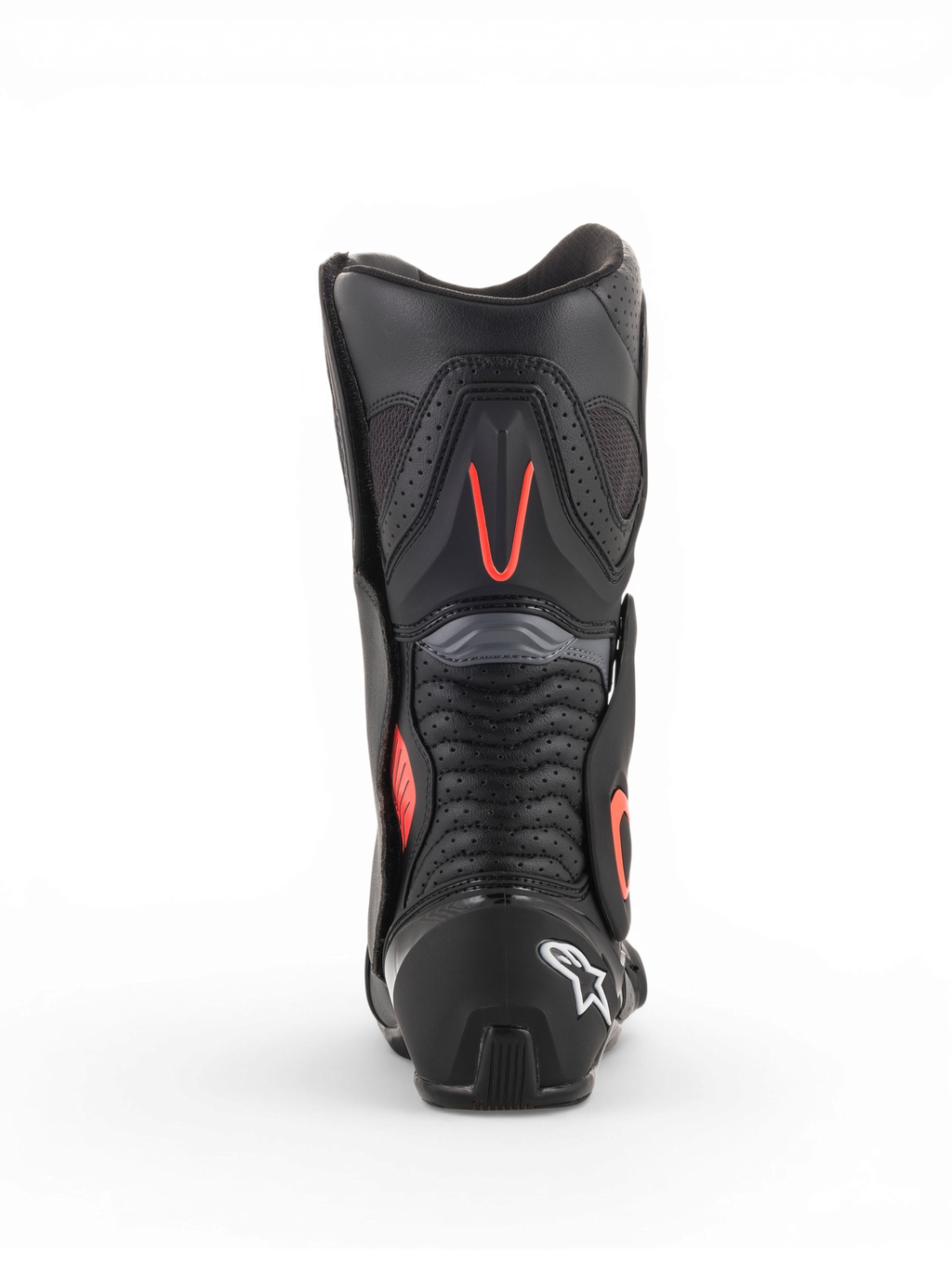 Alpinestars SMX-6 V2 Vented, botas de moto para homem para corrida, pretas e cinzentas com detalhes vermelhos fluorescentes, vista traseira com painéis de ventilação perfurados e proteção do calcanhar
