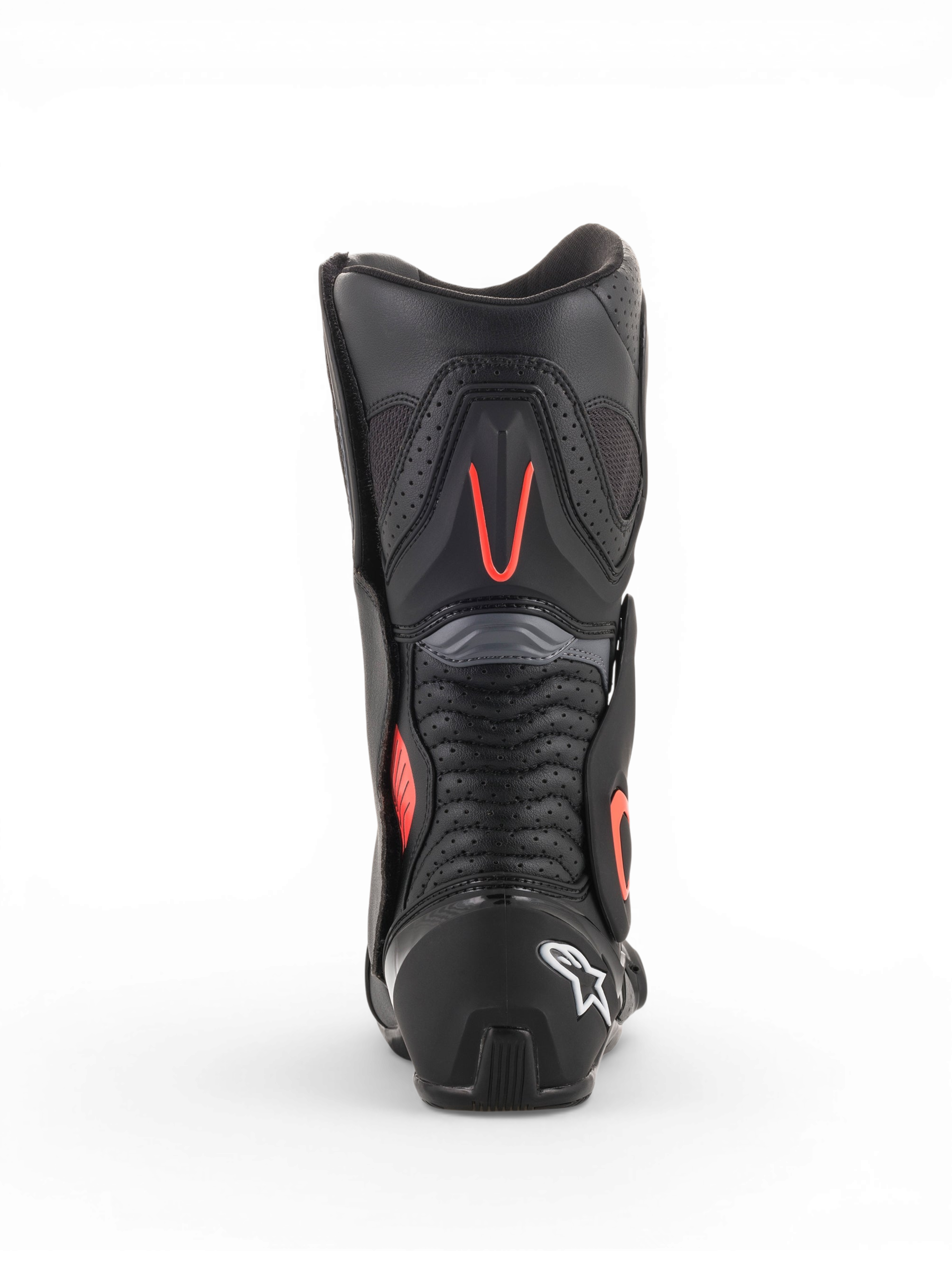 Alpinestars SMX-6 V2 Vented, botas de moto para homem para corrida, pretas e cinzentas com detalhes vermelhos fluorescentes, vista traseira com painéis de ventilação perfurados e proteção do calcanhar