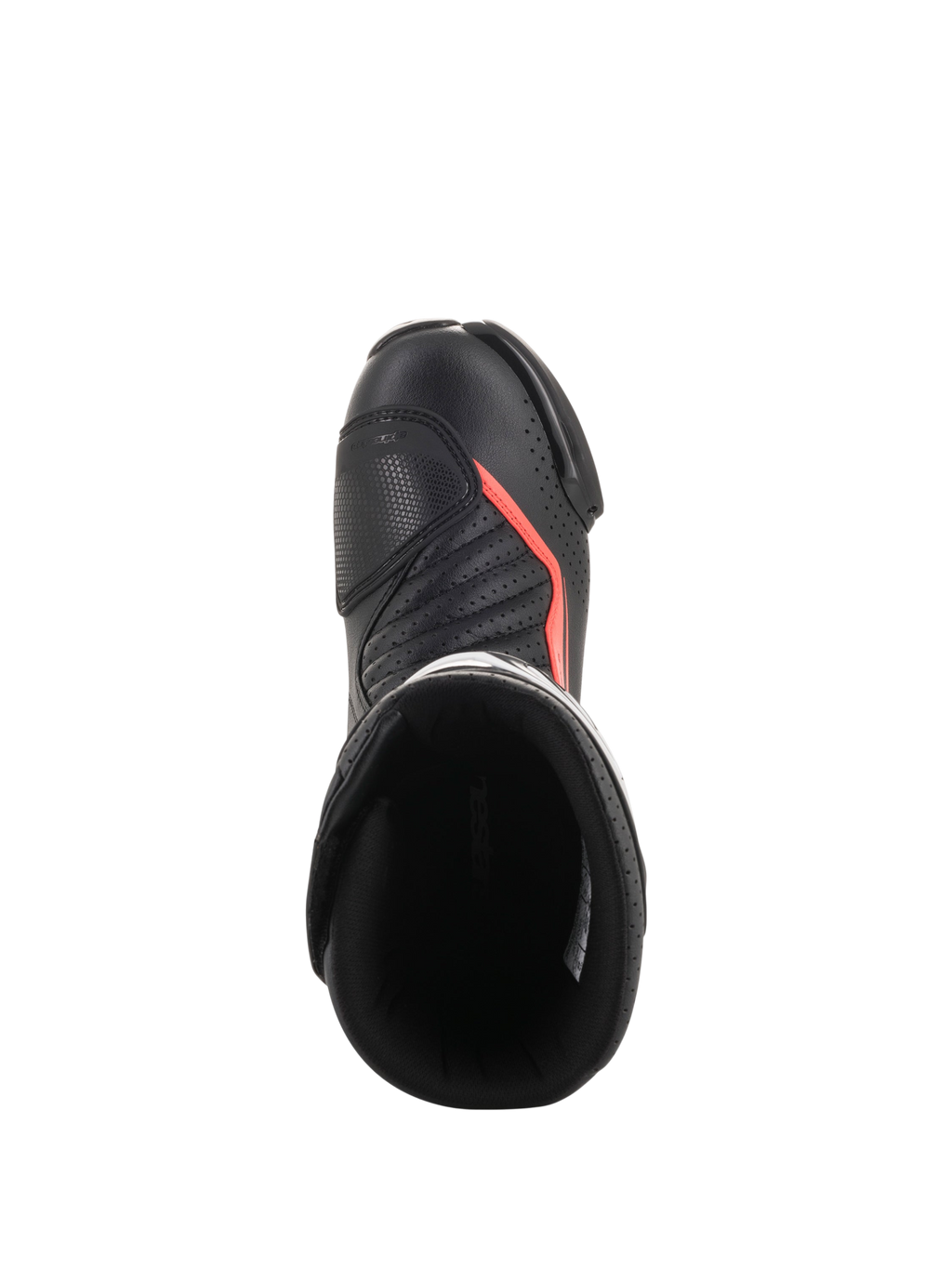 Alpinestars SMX-6 V2 Vented, botas de moto para corrida pretas com detalhes vermelhos fluorescentes, vista superior com parte superior perfurada, proteção do tornozelo e abertura da bota