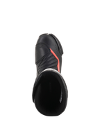 Alpinestars SMX-6 V2 Vented, botas de moto para corrida pretas com detalhes vermelhos fluorescentes, vista superior com parte superior perfurada, proteção do tornozelo e abertura da bota