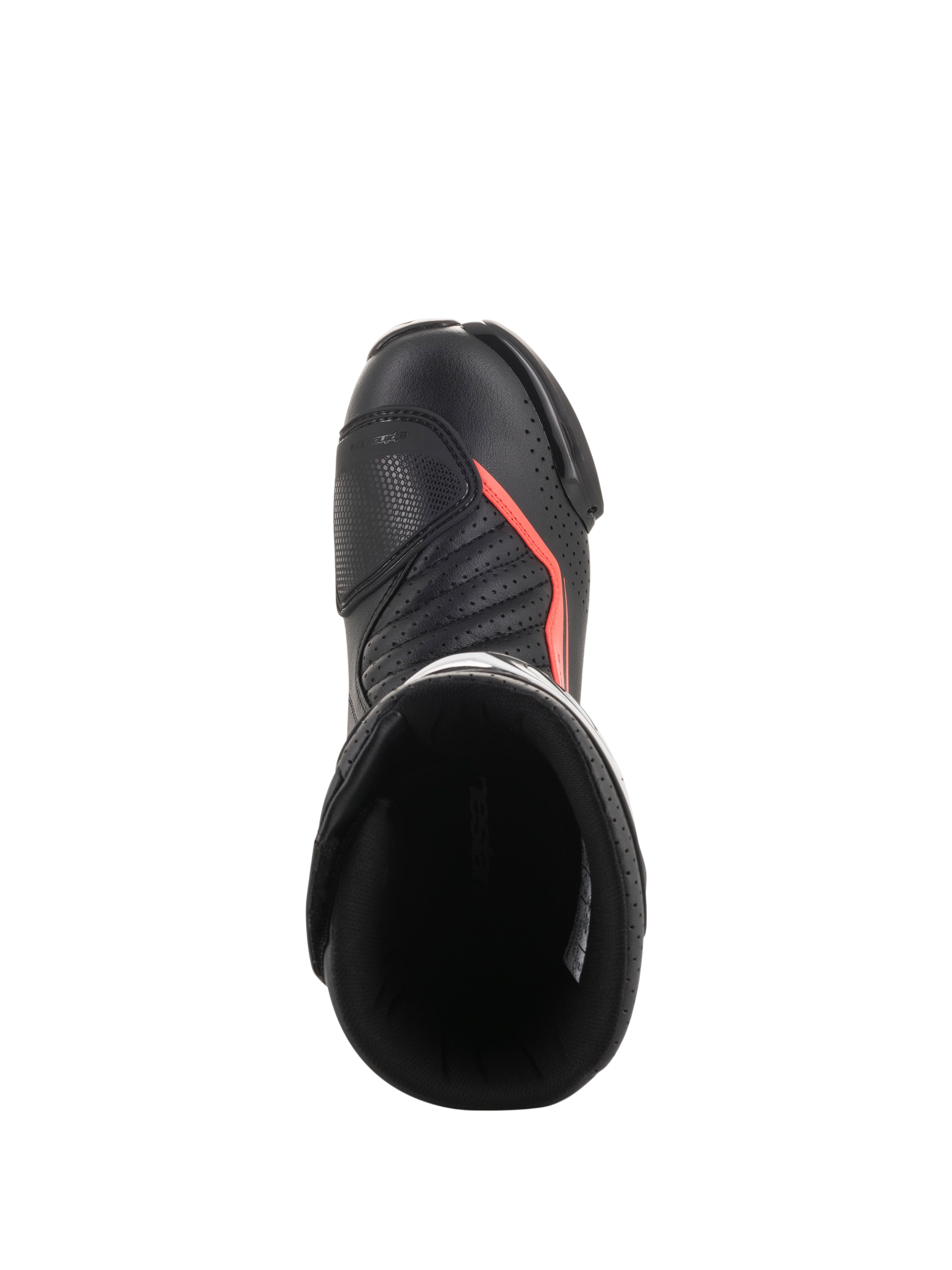 Alpinestars SMX-6 V2 Vented, botas de moto para corrida pretas com detalhes vermelhos fluorescentes, vista superior com parte superior perfurada, proteção do tornozelo e abertura da bota