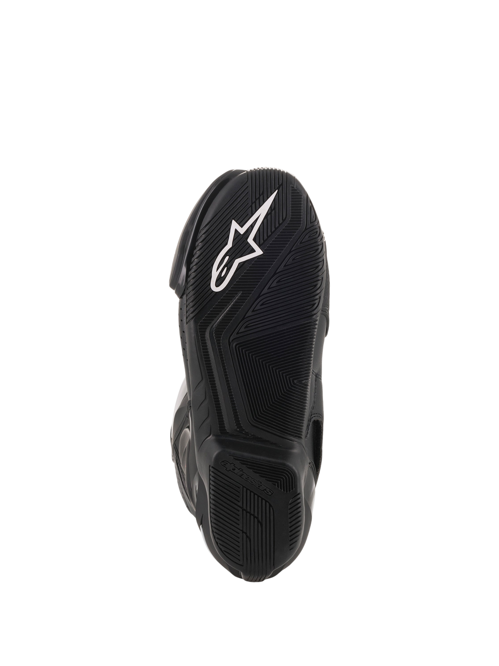 Alpinestars SMX-6 V2 Vented, botas de moto para corrida pretas, vista aproximada da sola exterior em borracha texturada com logótipo Alpinestars branco