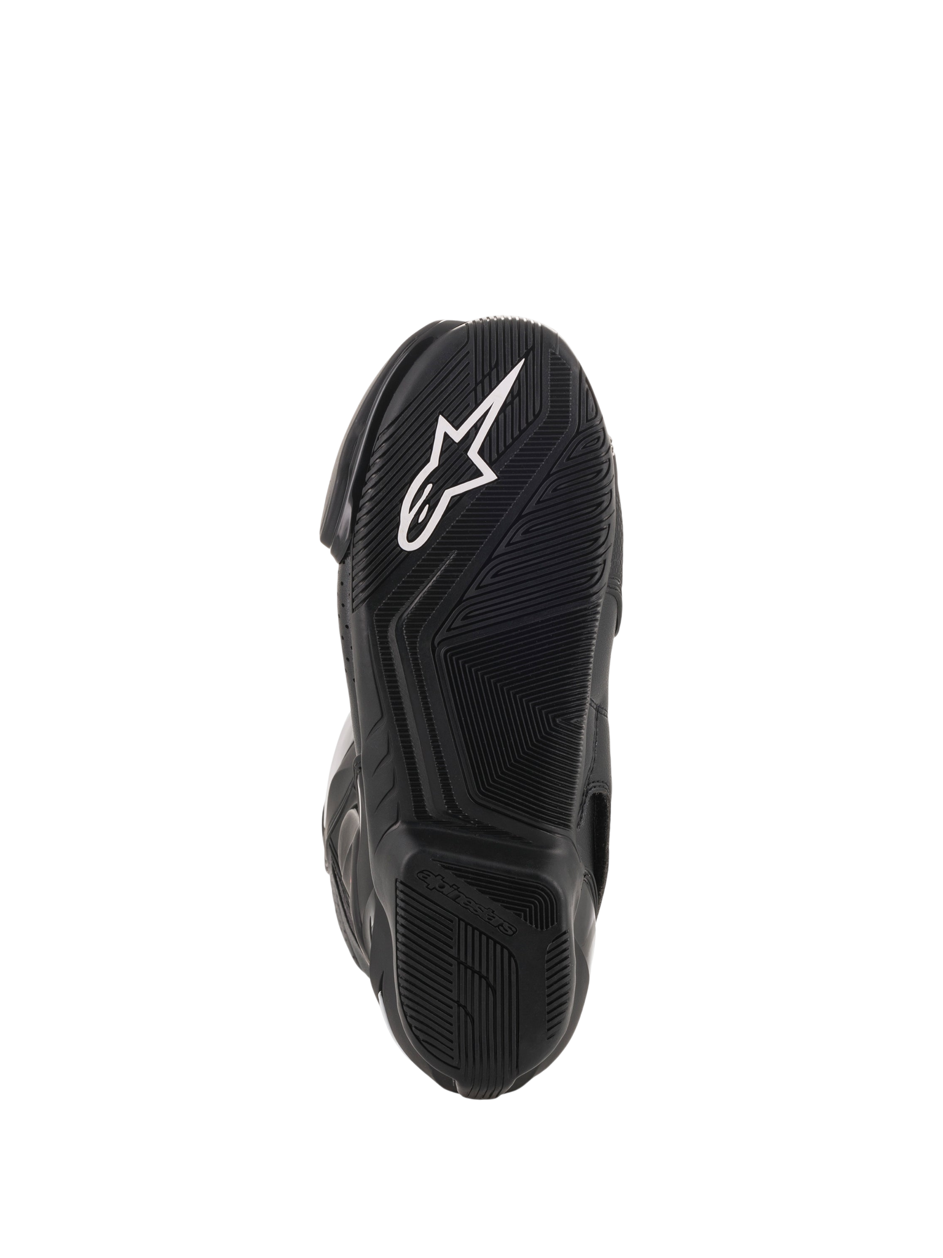 Alpinestars SMX-6 V2 Vented, botas de moto para corrida pretas, vista aproximada da sola exterior em borracha texturada com logótipo Alpinestars branco
