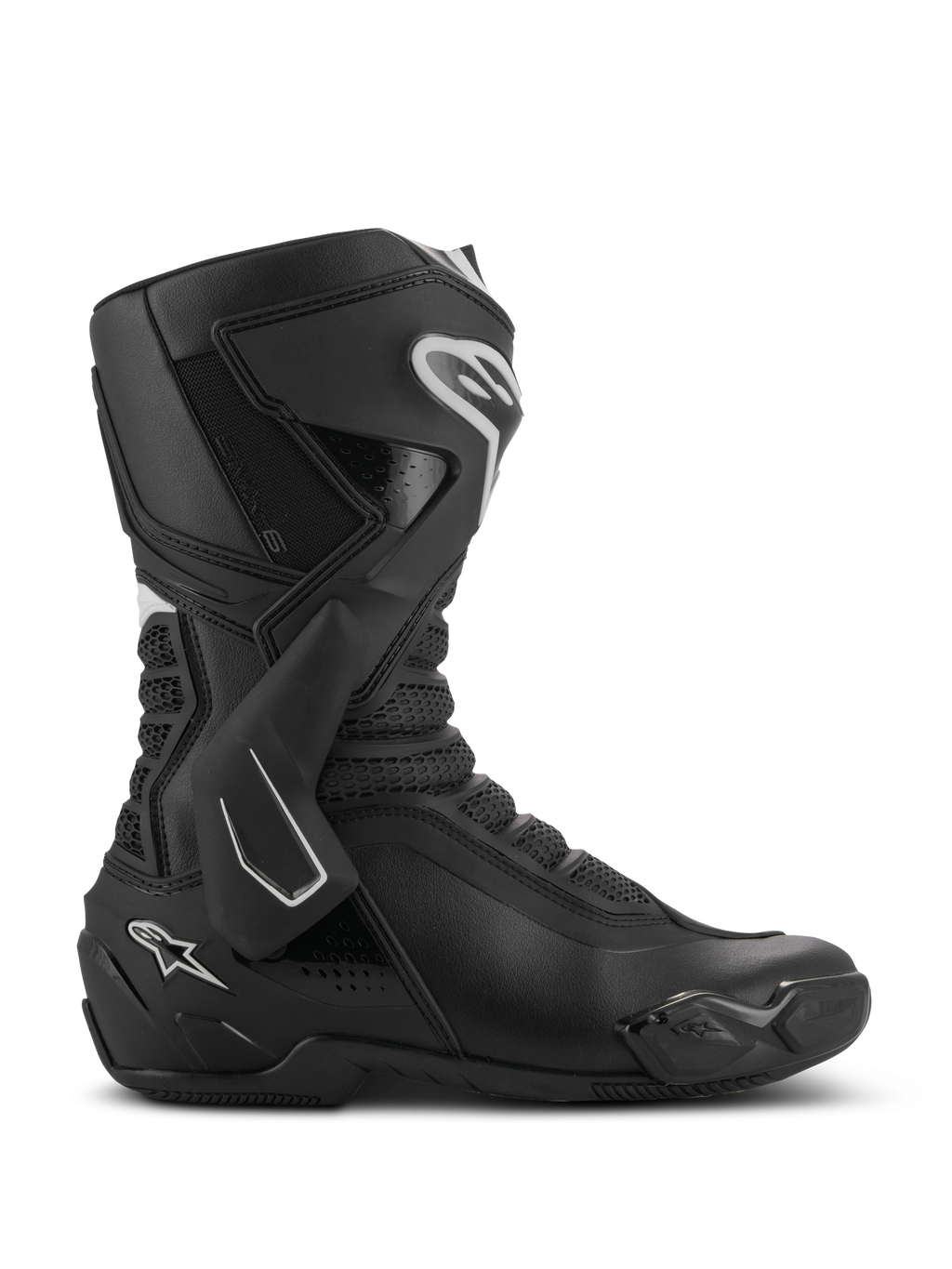 Botas Alpinestars SMX-6 V3, botas de motociclismo de alta performance, pretas com detalhes brancos, vista lateral com sistema de proteção de tornozelo em TPU, zonas de flexão em malha texturizada, componentes reforçados no calcanhar e biqueira para desempenho em pista e estrada