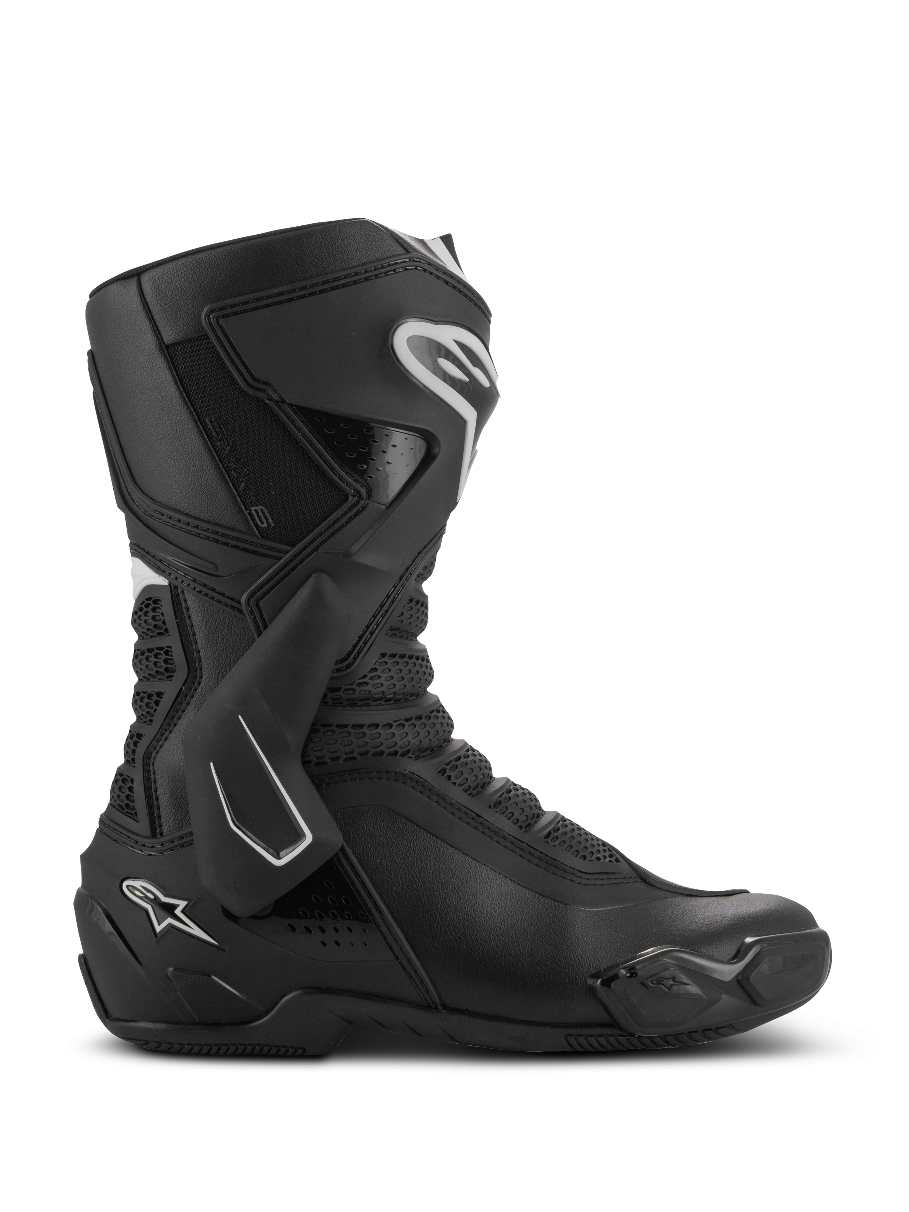 Botas Alpinestars SMX-6 V3, botas de motociclismo de alta performance, pretas com detalhes brancos, vista lateral com sistema de proteção de tornozelo em TPU, zonas de flexão em malha texturizada, componentes reforçados no calcanhar e biqueira para desempenho em pista e estrada