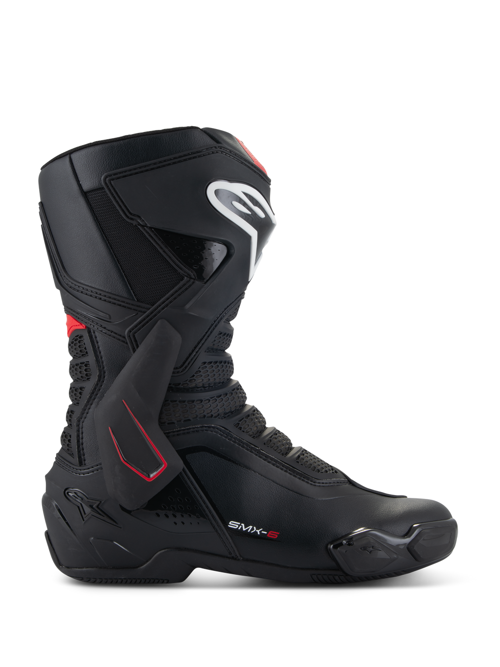 Botas Alpinestars SMX-6 V3, botas de motociclismo de competição, pretas com detalhes em branco e vermelho, vista lateral com suporte de tornozelo em TPU, logótipo branco na canela e zonas de flexão em malha texturizada, design desportivo aerodinâmico
