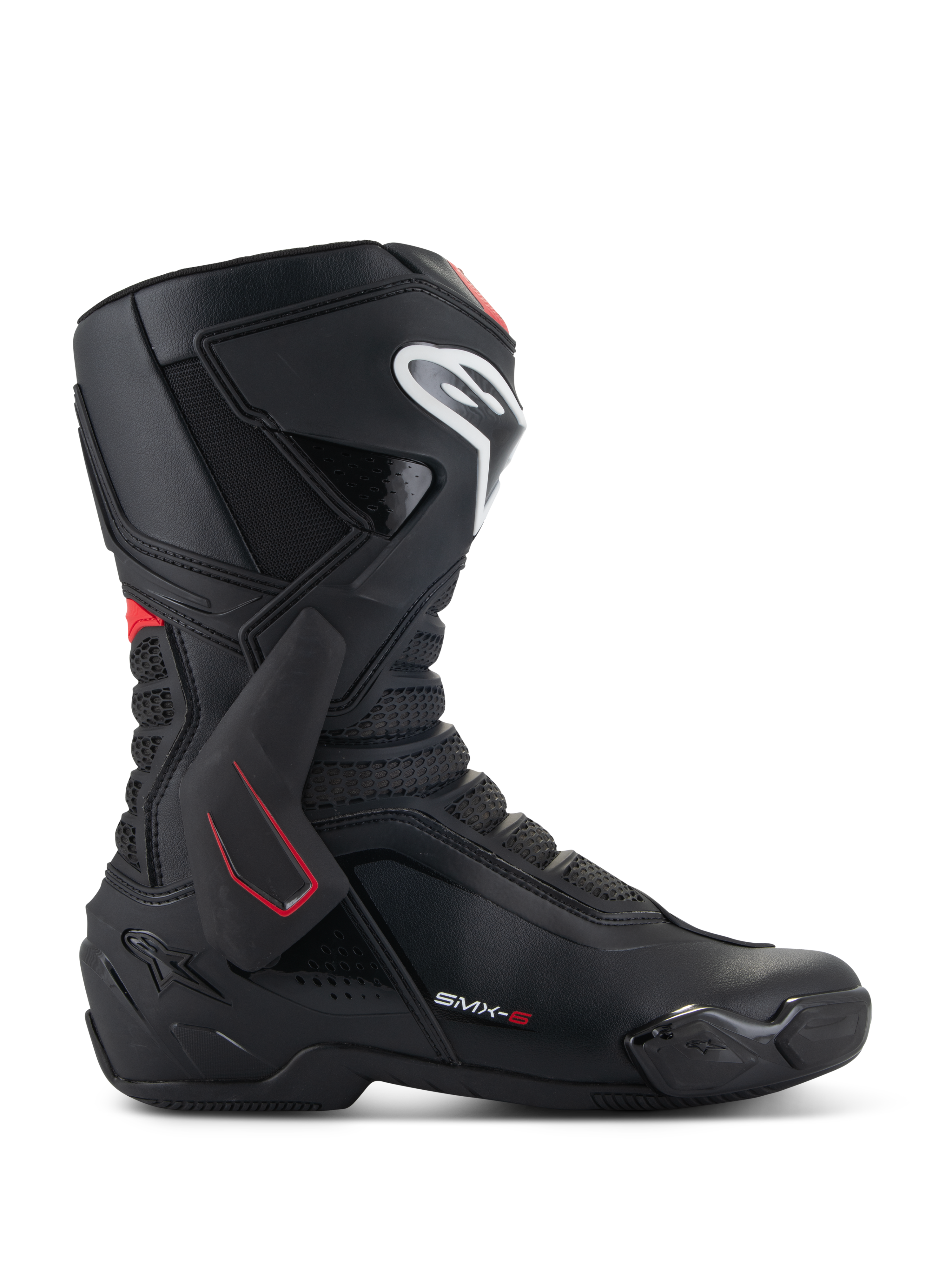 Botas Alpinestars SMX-6 V3, botas de motociclismo de competição, pretas com detalhes em branco e vermelho, vista lateral com suporte de tornozelo em TPU, logótipo branco na canela e zonas de flexão em malha texturizada, design desportivo aerodinâmico