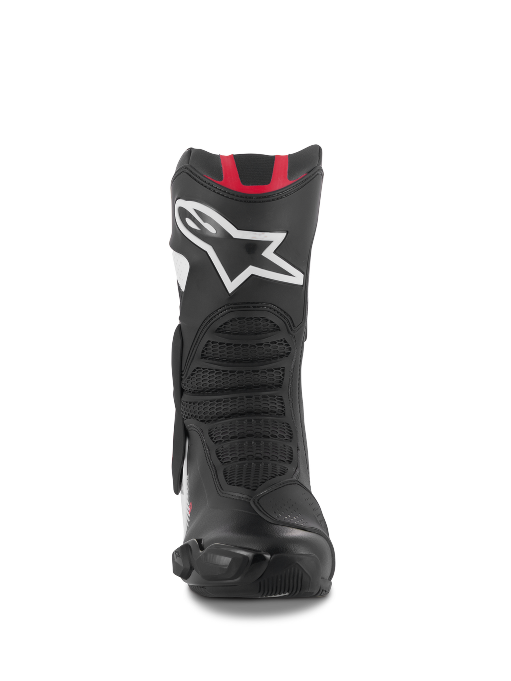Alpinestars SMX-6 V3 Boots, Performance Riding Boots, Black White Red Graphic, front view featuring a large white Astar logo on the shin, red accents at the top, and mesh-textured flex zones for track and street riding.
