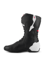 Alpinestars SMX-6 V3 Boots, Performance Riding Boots, Black White Red Graphic, medial side view, black microfiber construction with white TPU protective panels on the heel and calf, red accents, and flexible accordion zones for enhanced mobility and protection.