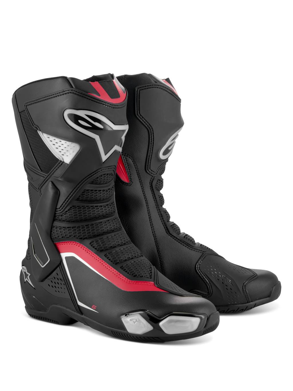 Botas Alpinestars SMX-6 V3, botas de motociclismo de performance, pretas, prateadas e vermelhas, com parte superior em microfibra e proteção TPU, detalhes vermelhos e logótipo Alpinestars na lateral