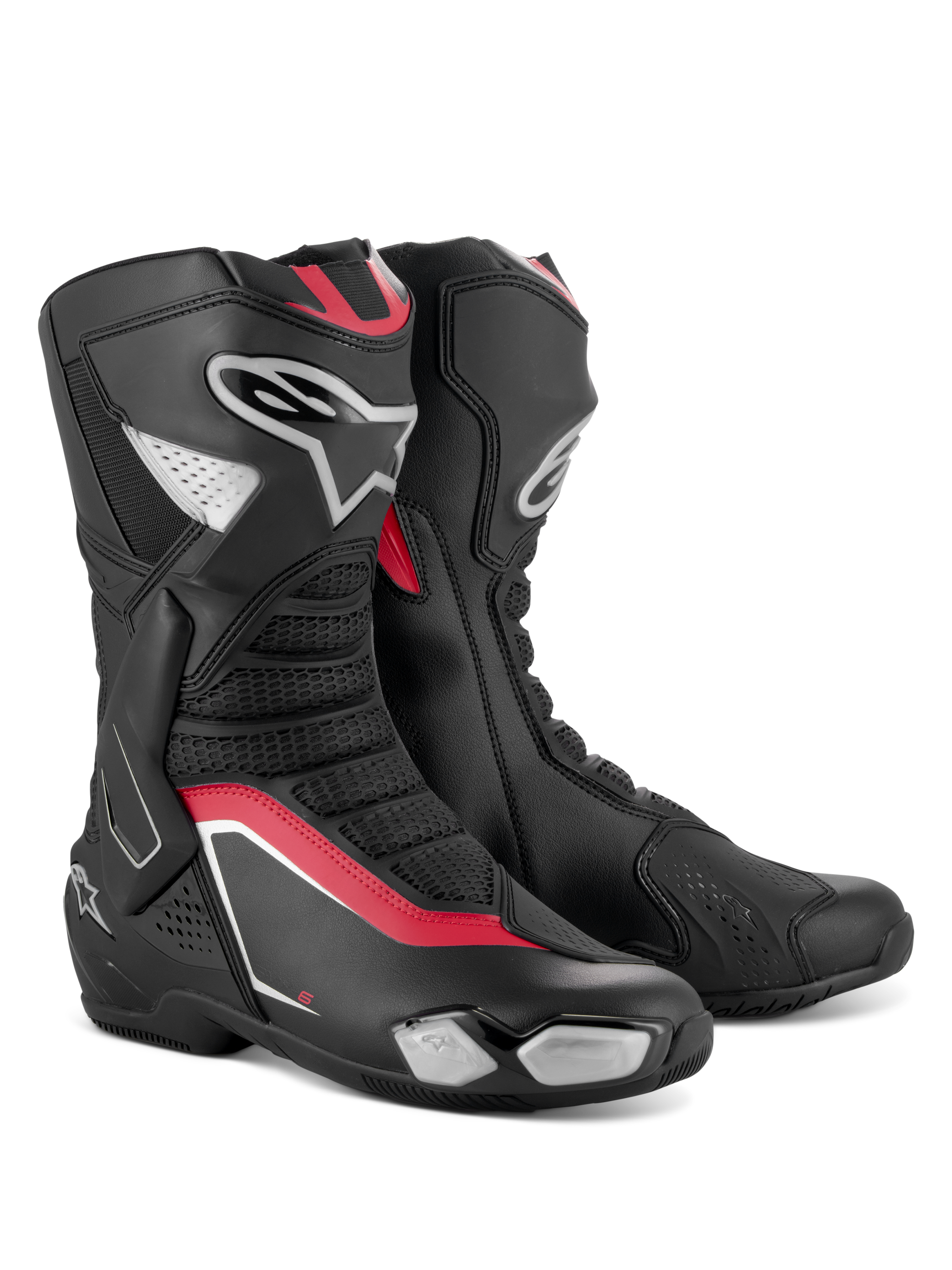 Botas Alpinestars SMX-6 V3, botas de motociclismo de performance, pretas, prateadas e vermelhas, com parte superior em microfibra e proteção TPU, detalhes vermelhos e logótipo Alpinestars na lateral