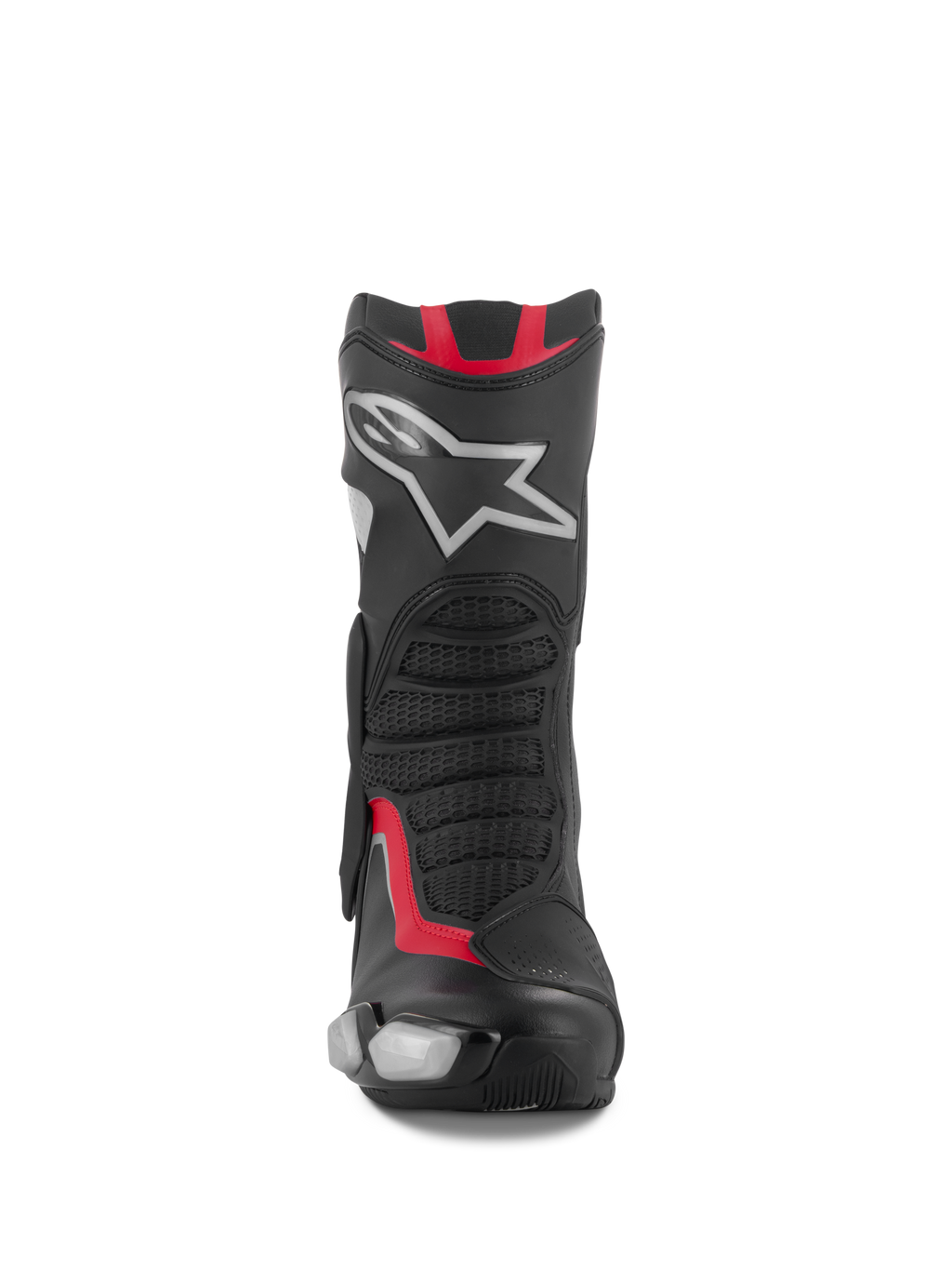 Botas Alpinestars SMX-6 V3, botas de corrida e desportivas para motociclismo, preto, prata e vermelho, vista frontal apresentando placa de canela em TPU com logótipo de estrela prateada, painéis flexíveis em malha e construção em microfibra de alta performance