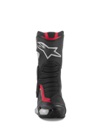 Botas Alpinestars SMX-6 V3, botas de corrida e desportivas para motociclismo, preto, prata e vermelho, vista frontal apresentando placa de canela em TPU com logótipo de estrela prateada, painéis flexíveis em malha e construção em microfibra de alta performance