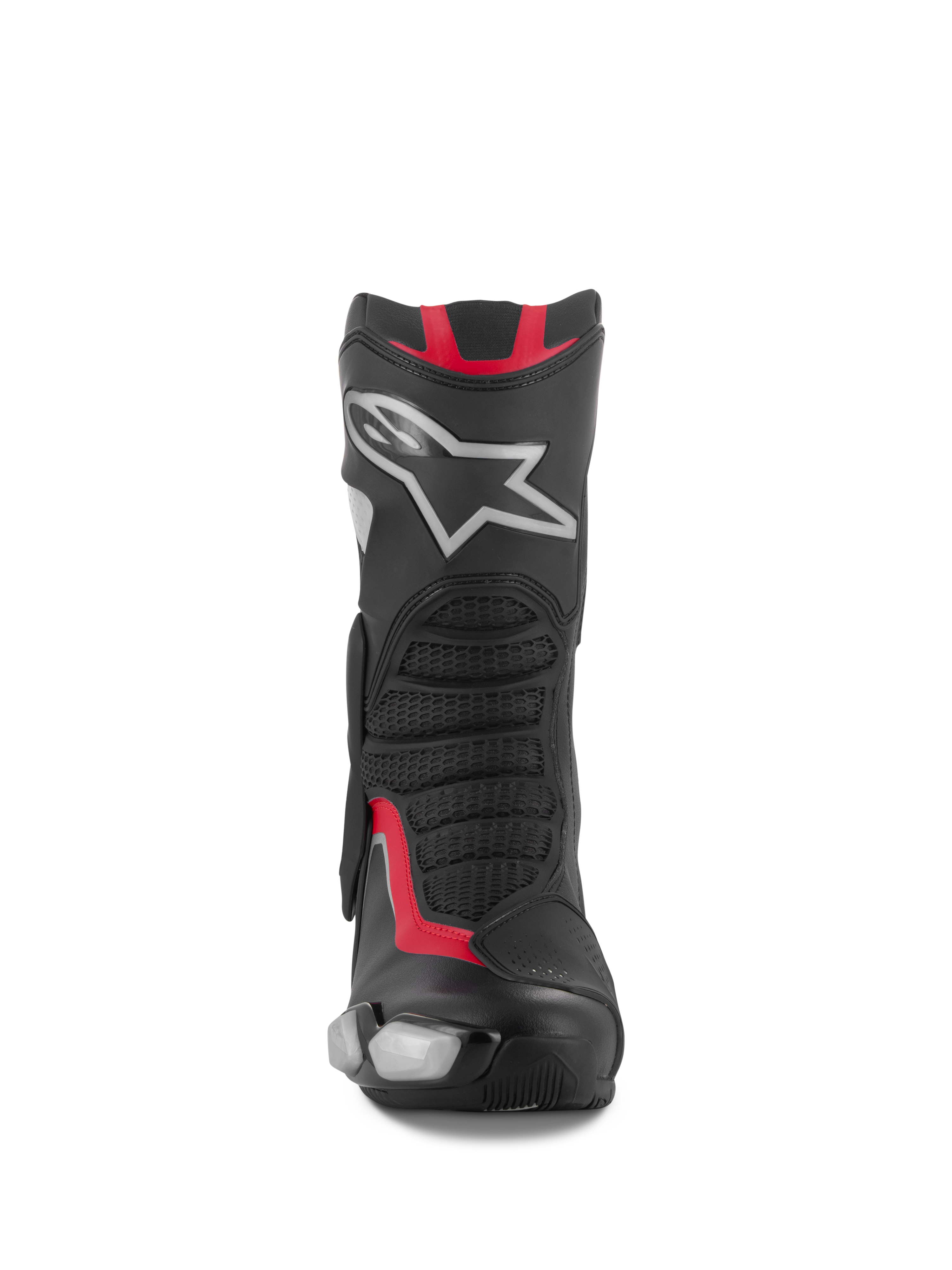 Botas Alpinestars SMX-6 V3, botas de corrida e desportivas para motociclismo, preto, prata e vermelho, vista frontal apresentando placa de canela em TPU com logótipo de estrela prateada, painéis flexíveis em malha e construção em microfibra de alta performance