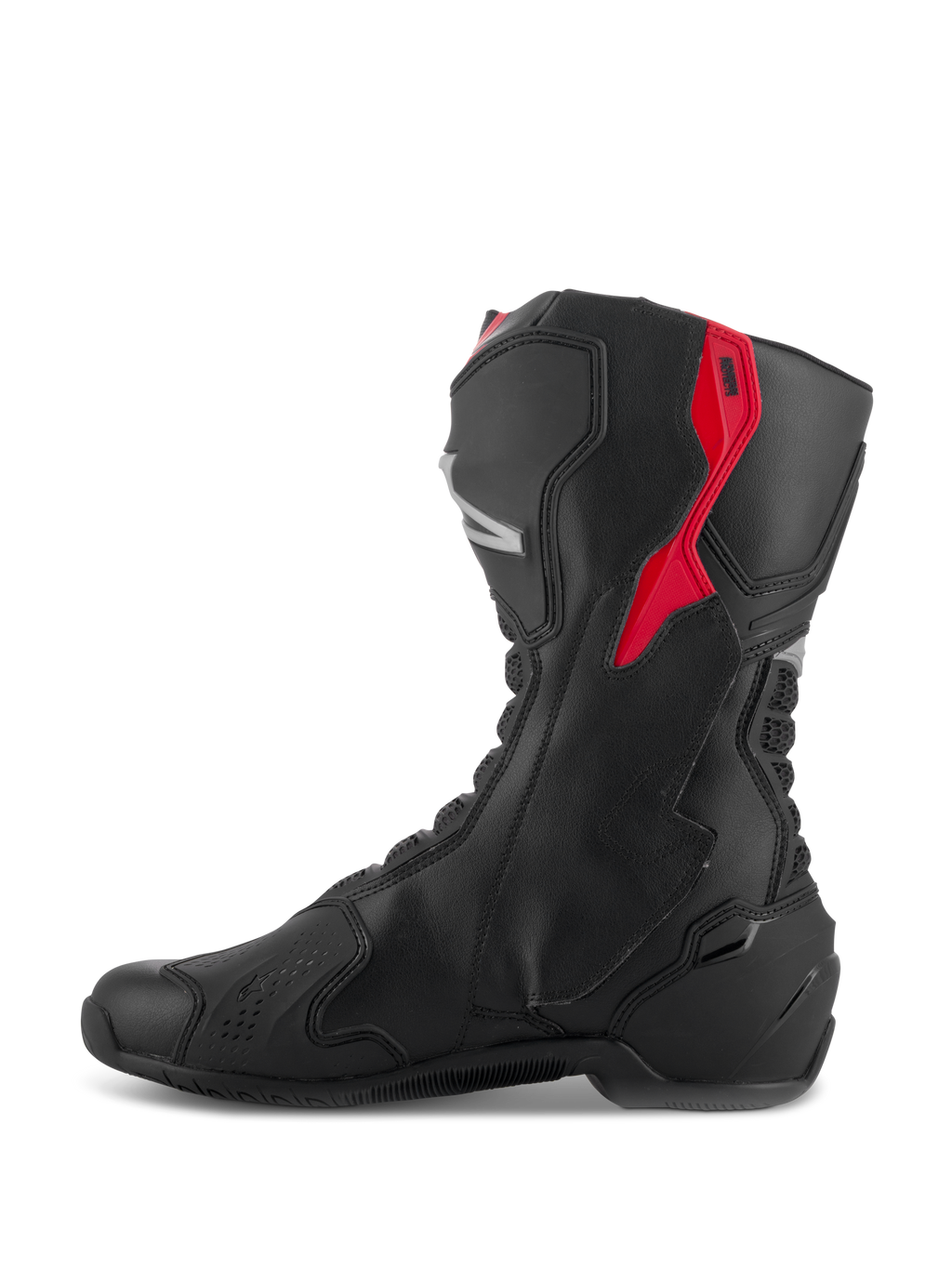 Botas Alpinestars SMX-6 V3, botas de performance para motociclismo, pretas com detalhes em vermelho e prateado, vista de perfil lateral mostrando a construção em microfibra e os painéis de proteção em TPU, design derivado das corridas para desempenho em pista e estrada