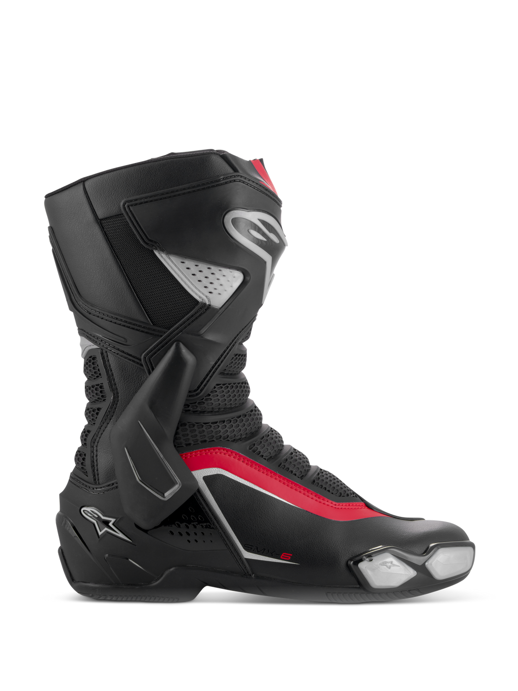 Botas Alpinestars SMX-6 V3, botas de motociclismo de competição, pretas, prateadas e vermelhas, vista lateral de perfil com suporte lateral do tornozelo em TPU, slider de biqueira substituível e zonas de flexão em malha para desempenho em pista e estrada.