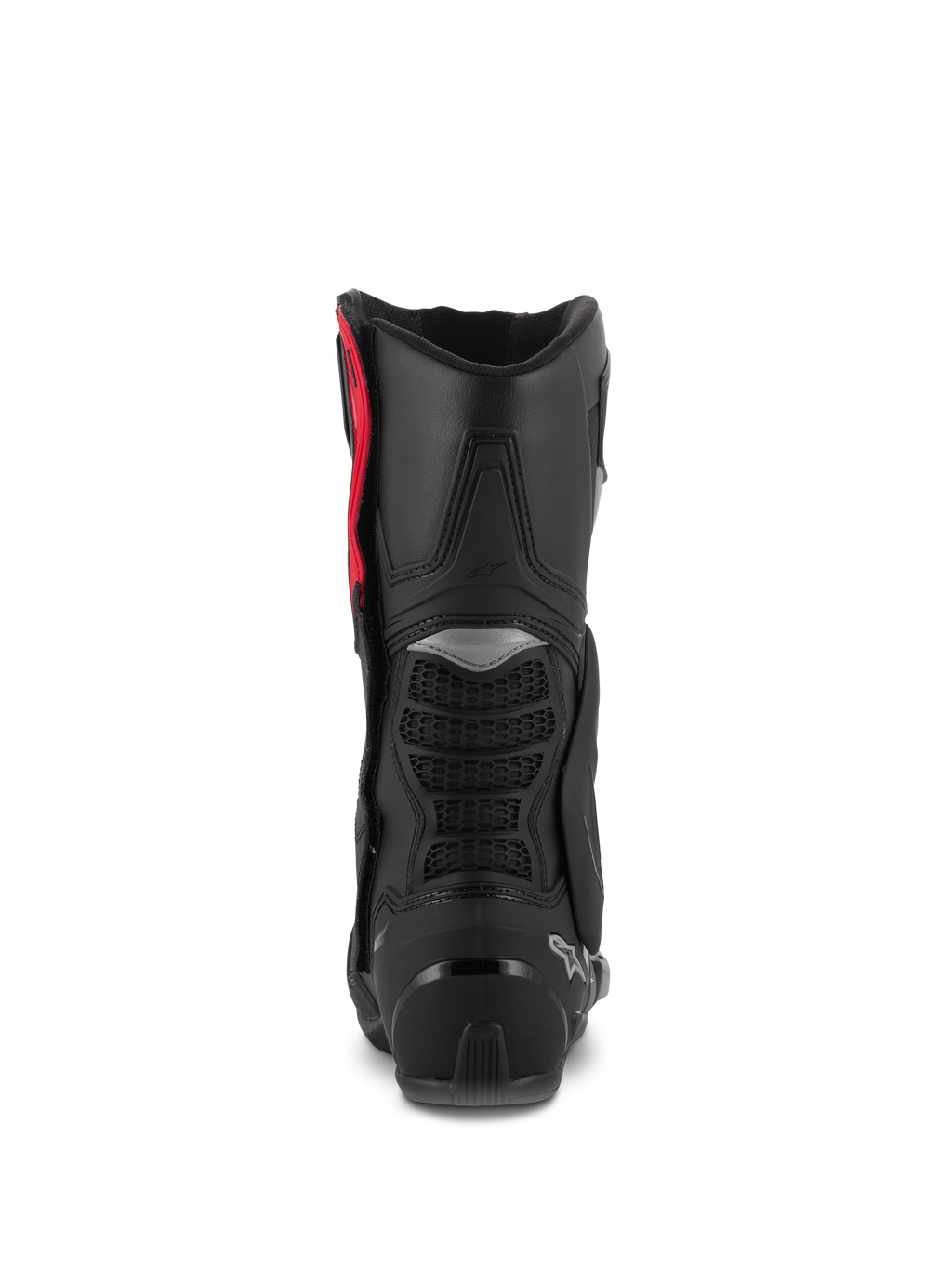 Botas Alpinestars SMX-6 V3, botas de alto desempenho para motociclismo, preto, prata e vermelho, vista traseira mostrando o protetor de panturrilha em TPU, zonas de flexão em malha e reforço de calcanhar, calçado de proteção de alta performance.