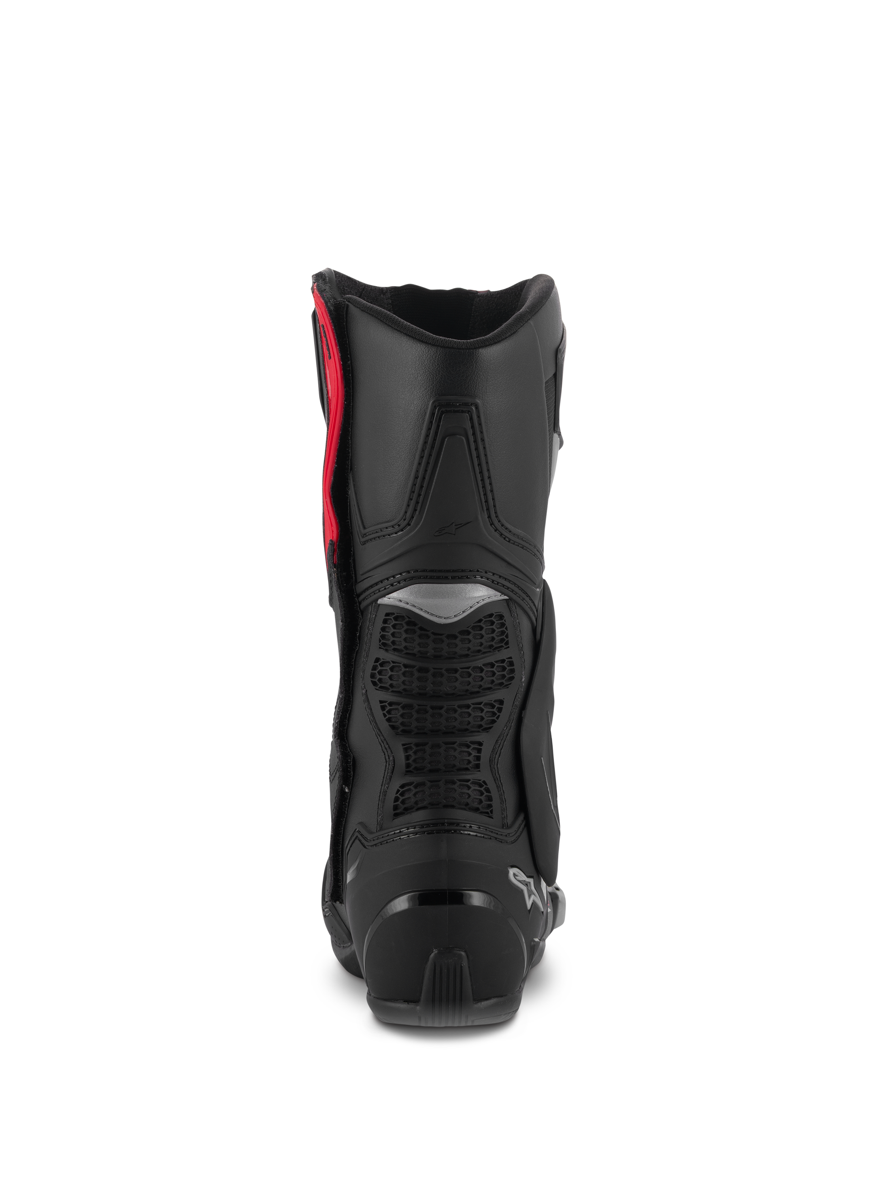 Botas Alpinestars SMX-6 V3, botas de alto desempenho para motociclismo, preto, prata e vermelho, vista traseira mostrando o protetor de panturrilha em TPU, zonas de flexão em malha e reforço de calcanhar, calçado de proteção de alta performance.