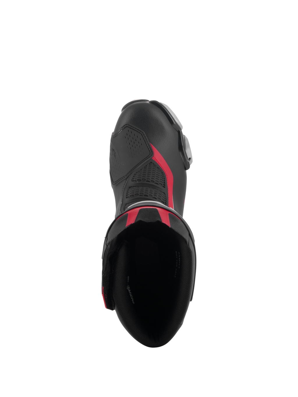 Vista superior das Botas Alpinestars SMX-6 V3 em Preto Prata Vermelho, apresentando a abertura da bota, construção em microfibra com detalhes em vermelho e zona de mudança em TPU integrada.