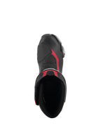Vista superior das Botas Alpinestars SMX-6 V3 em Preto Prata Vermelho, apresentando a abertura da bota, construção em microfibra com detalhes em vermelho e zona de mudança em TPU integrada.