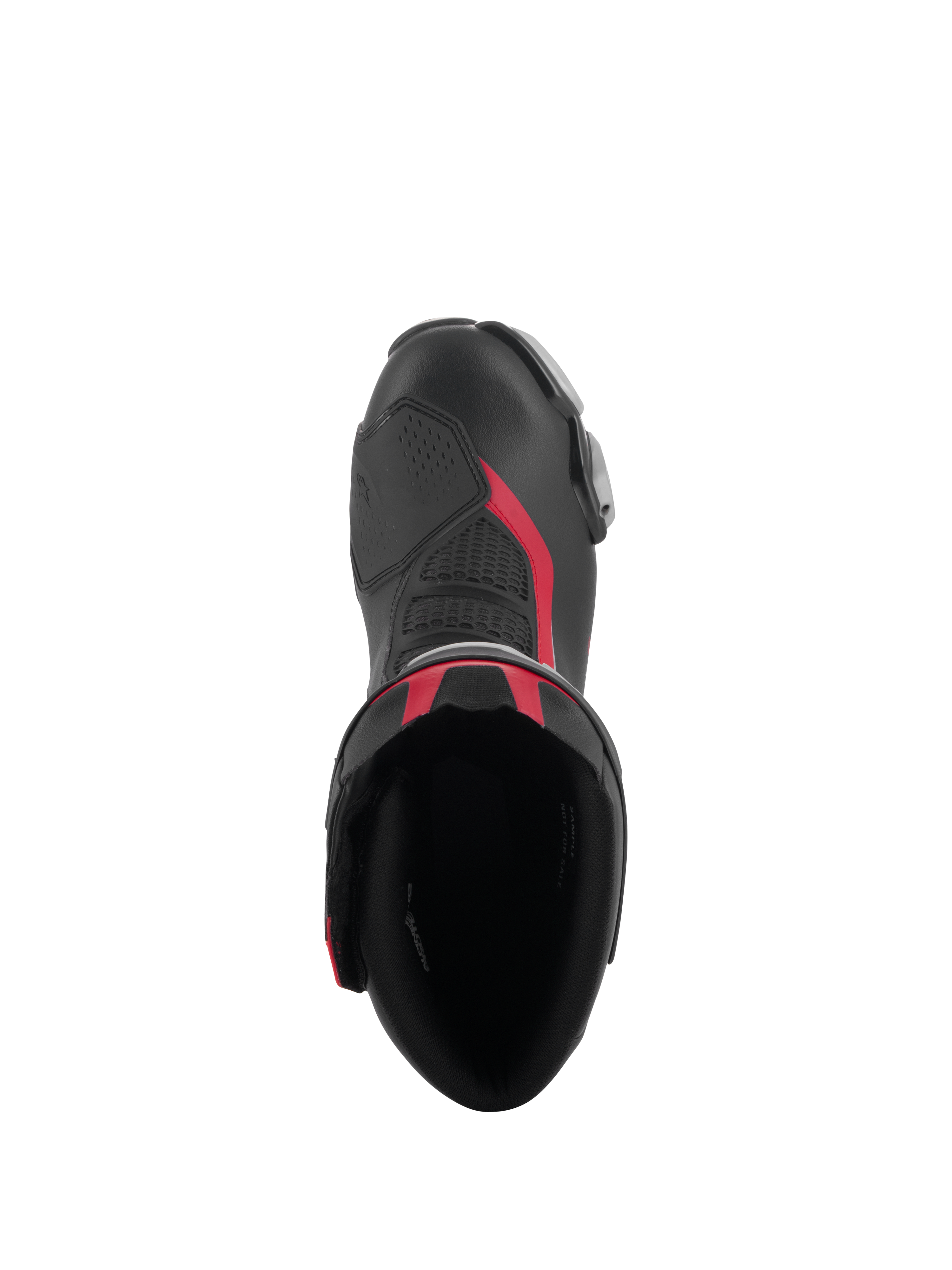 Vista superior das Botas Alpinestars SMX-6 V3 em Preto Prata Vermelho, apresentando a abertura da bota, construção em microfibra com detalhes em vermelho e zona de mudança em TPU integrada.
