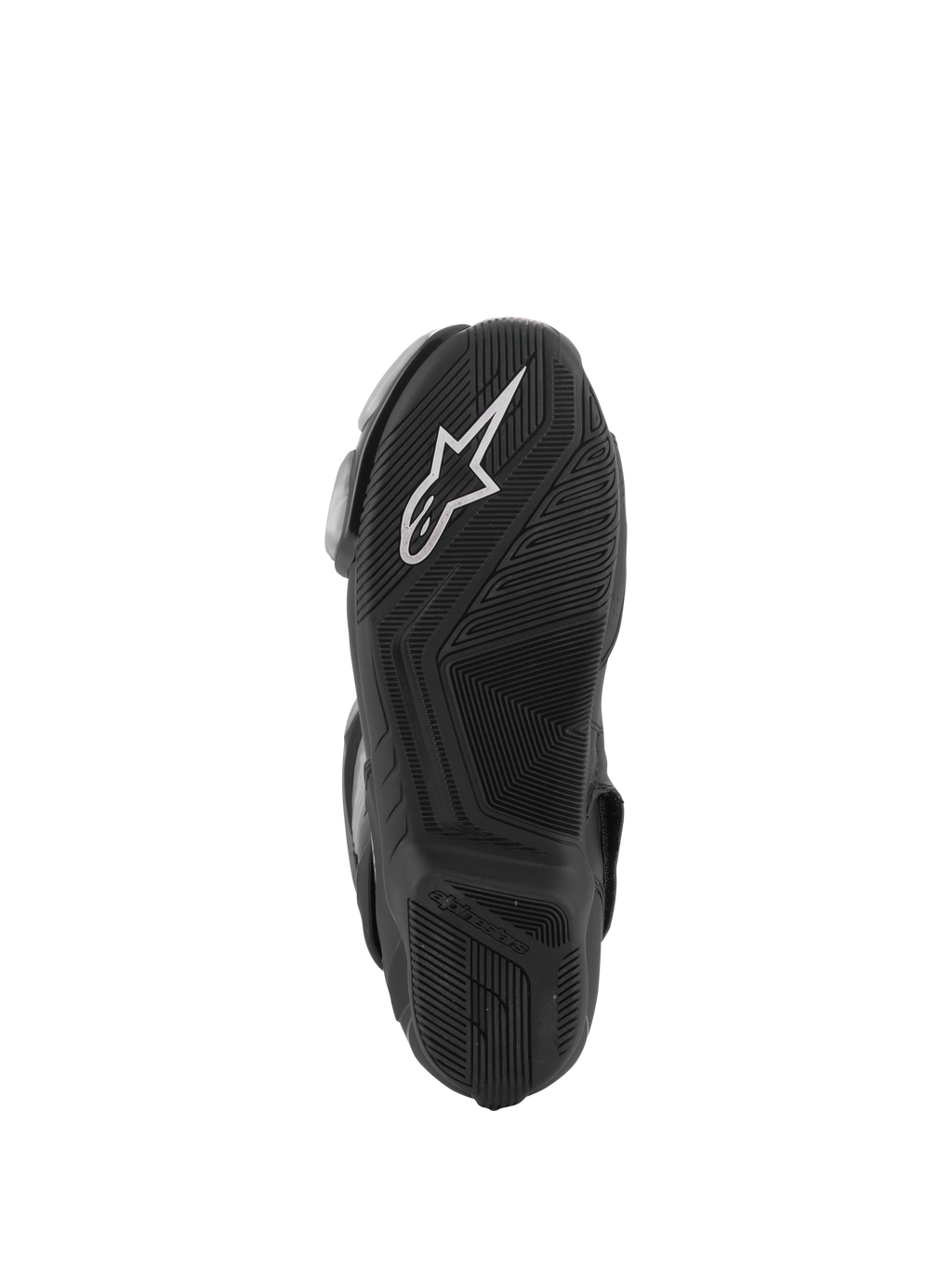 Botas Alpinestars SMX-6 V3, pretas, vista da sola com uma sola de borracha texturizada para aderência, logótipo Alpinestars branco no calcanhar, marca em relevo, concebidas para condução de alto desempenho em pista e estrada.
