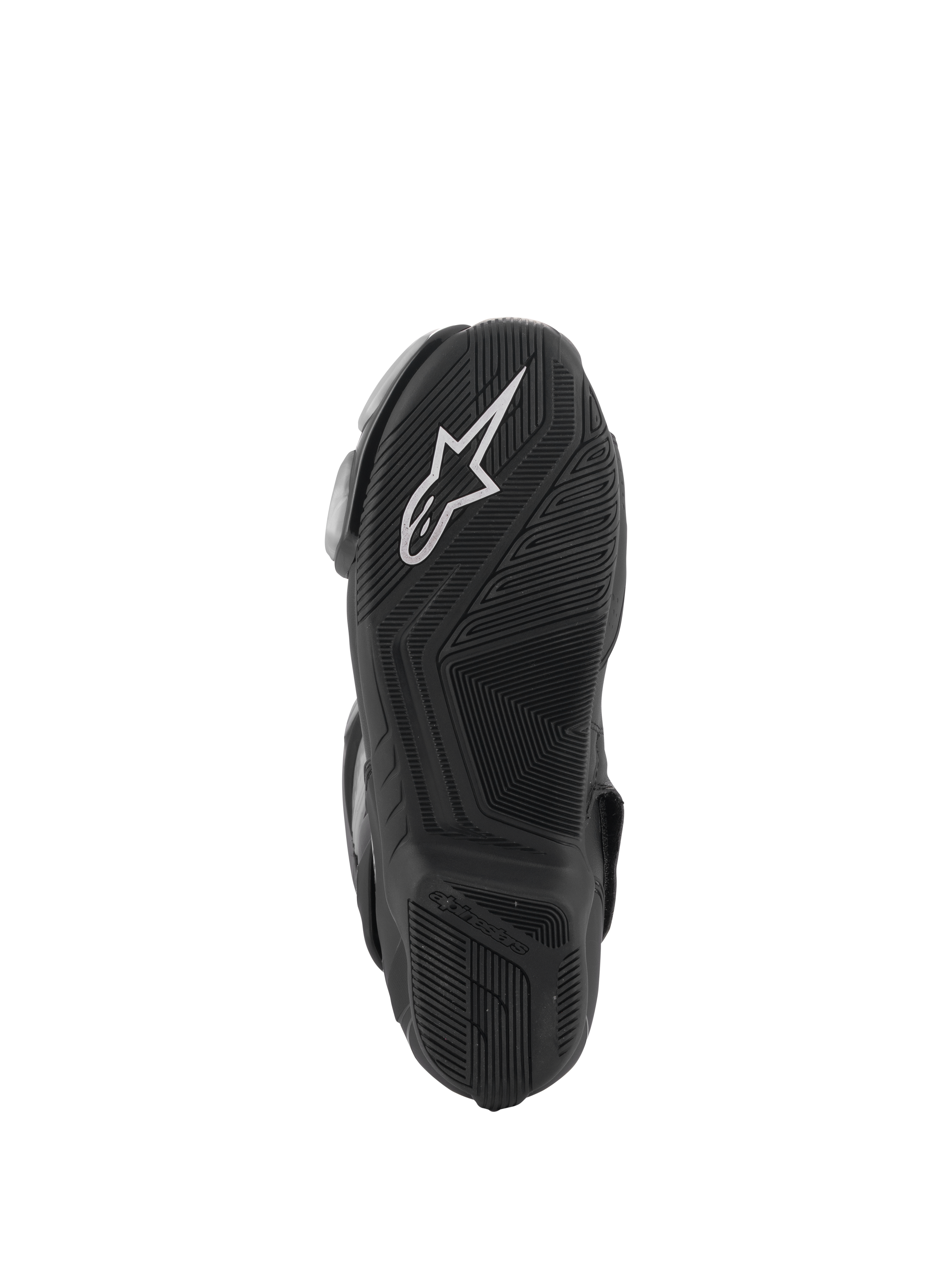 Botas Alpinestars SMX-6 V3, pretas, vista da sola com uma sola de borracha texturizada para aderência, logótipo Alpinestars branco no calcanhar, marca em relevo, concebidas para condução de alto desempenho em pista e estrada.