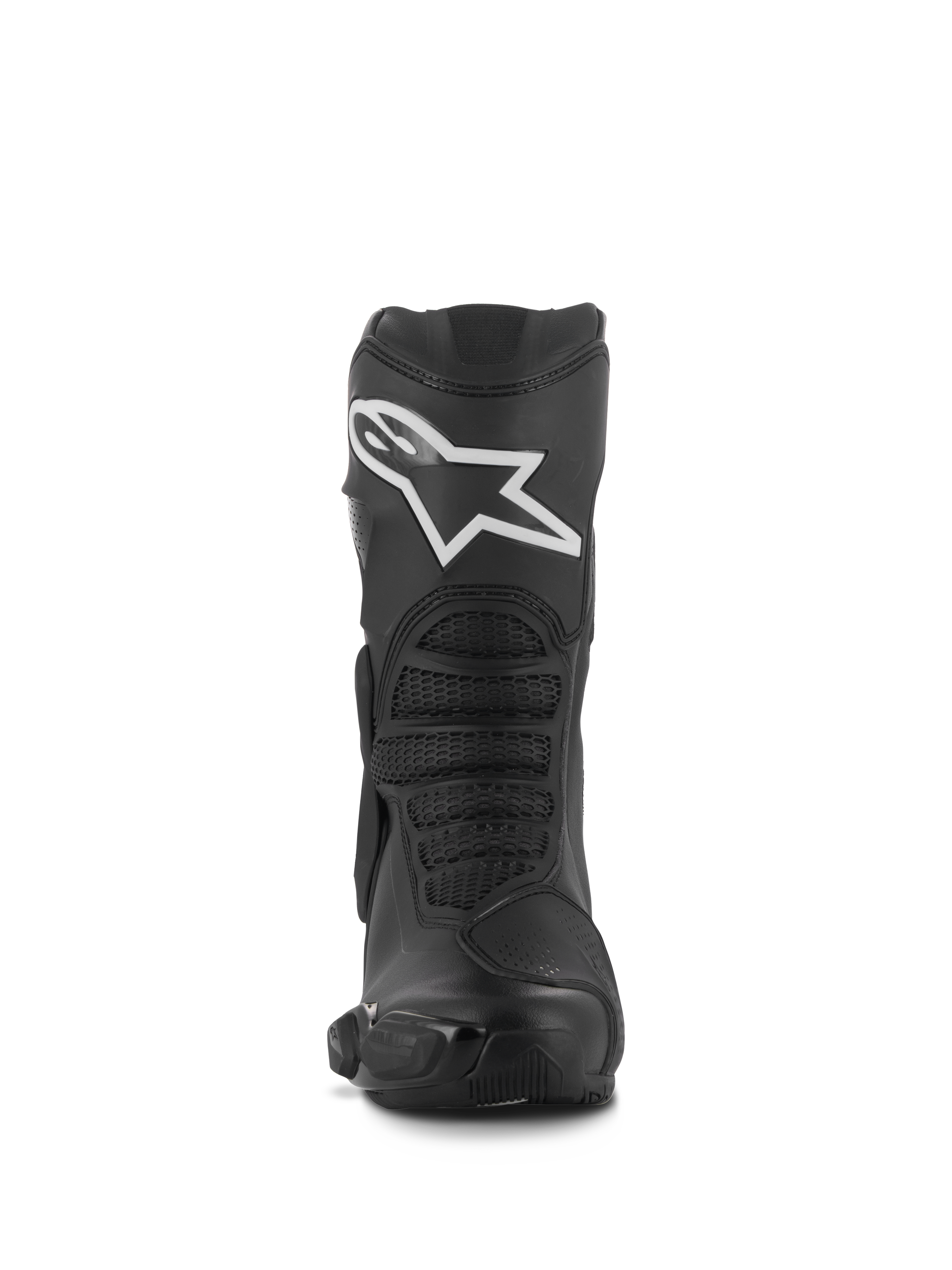 Alpinestars Stella SMX-6 V3 Boots, Women's Performance Riding Boots, Black with White Alpinestars logo, front view featuring TPU shin protector and flexible mesh zones, durable microfiber construction.
