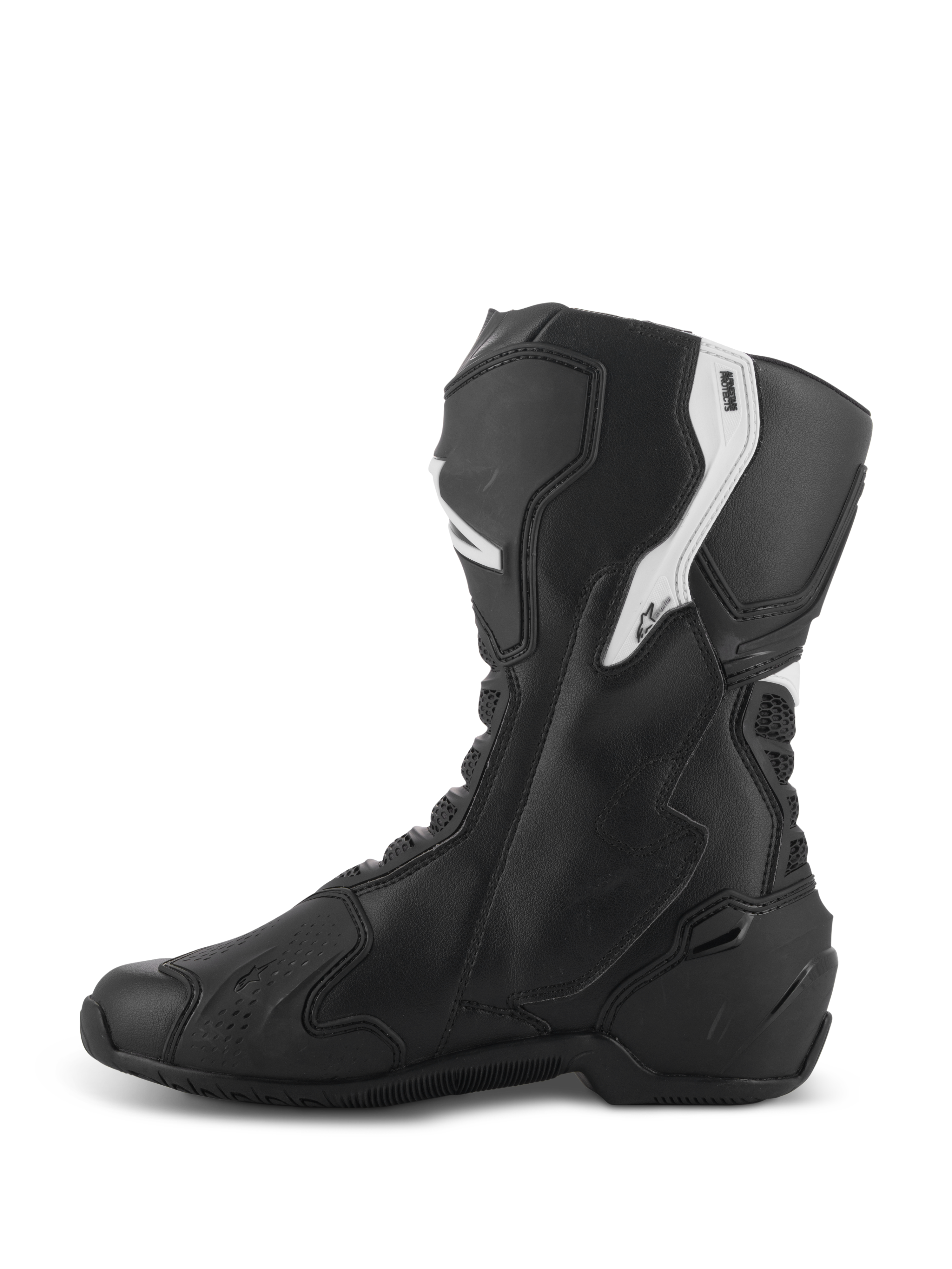 Alpinestars Stella SMX-6 V3 Boots, Women's Performance Riding Boots, Black and White, medial side view featuring ergonomic microfiber upper with TPU shin and ankle protection, flexible mesh zones, and streamlined design for track and street use