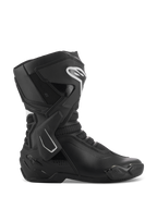 Alpinestars Stella SMX-6 V3 Boots, Women's Motorcycle Racing Boots, Black and White, side profile view featuring TPU ankle brace and shin protectors, breathable mesh panels, white Alpinestars logo on the front, engineered for track and street performance