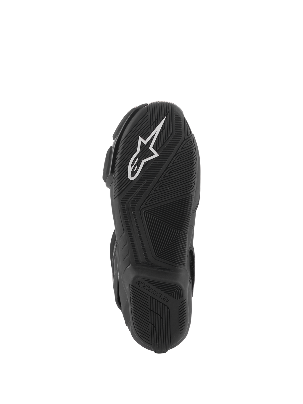 Alpinestars Stella SMX-6 V3 Boots, sole view, black lightweight rubber compound with textured grip, white Alpinestars logo, designed for track and street performance